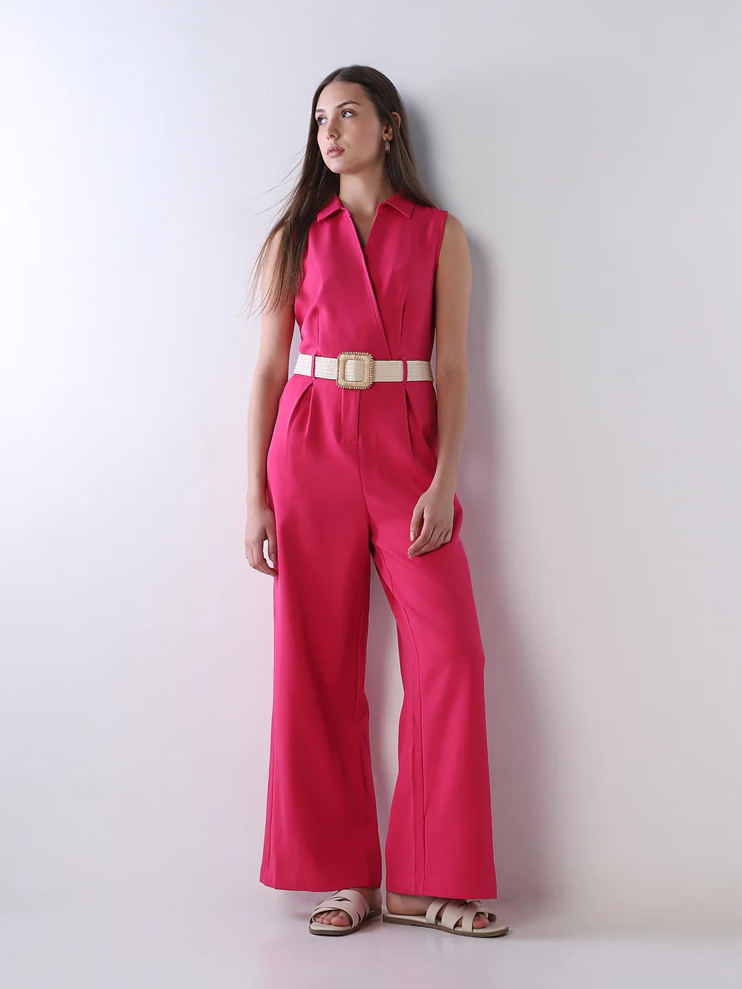 Women's Pink Casual Solid Regular Fit Sleeveless Jumpsuit with Belt