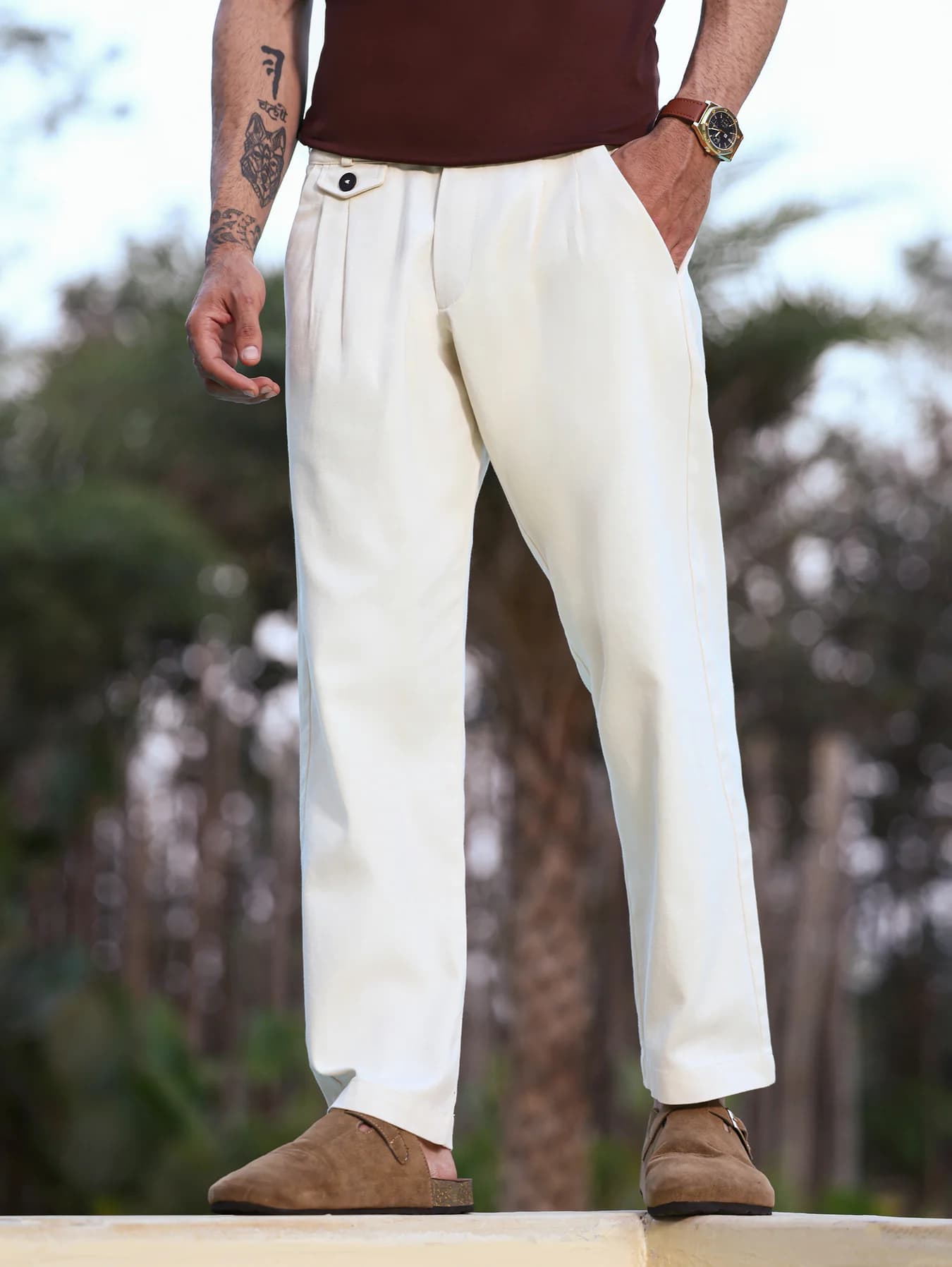 Men's White Casual Solid Mid Rise Regular Length Trouser