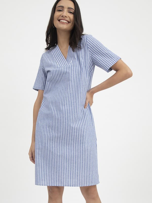 Women's Blue Casual Striped A-Line Dress