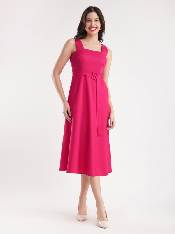 Women's Pink Formal Square Neck Fit and Flare Midi Dress