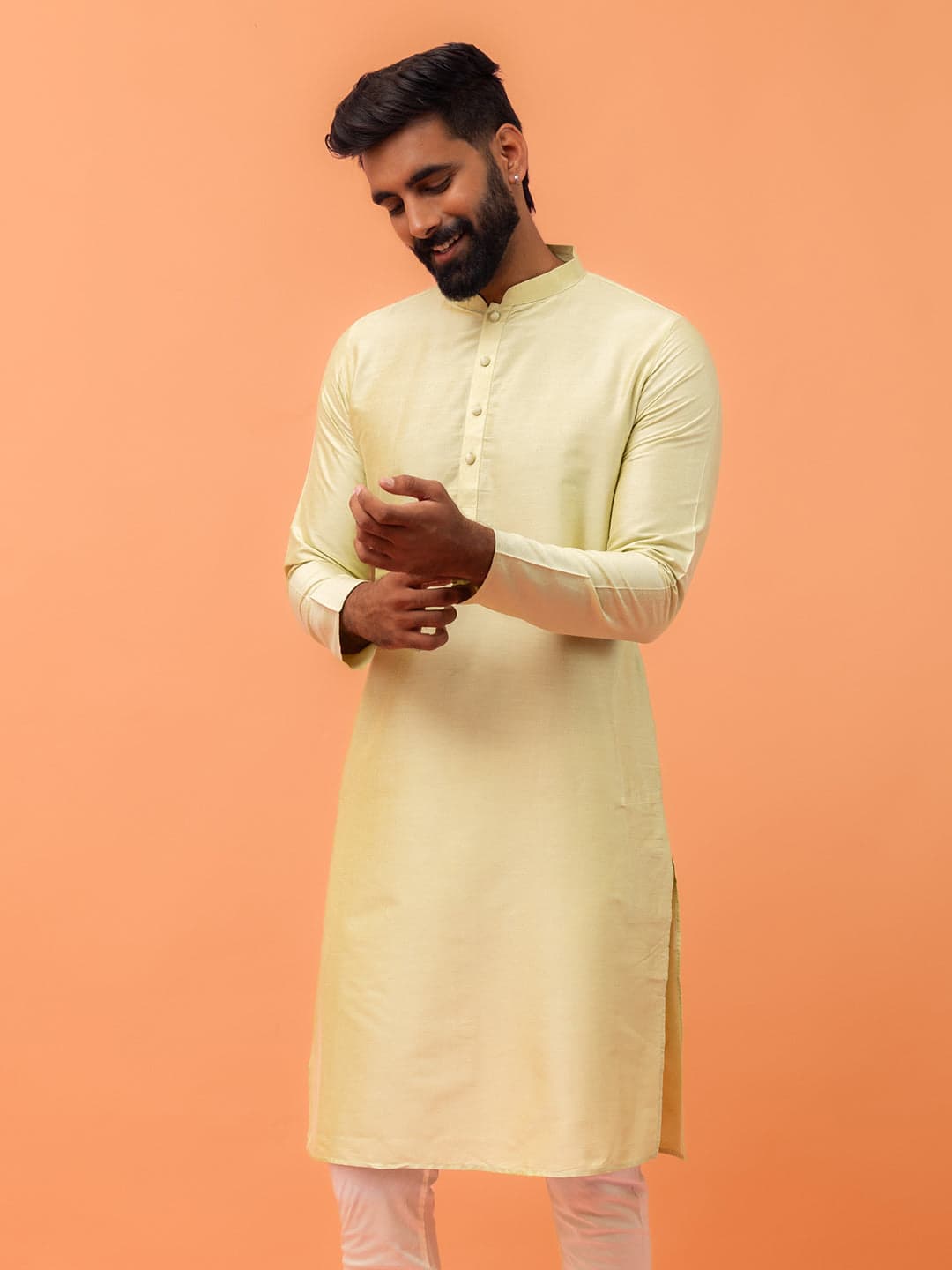 Men's Yellow Festive Full Sleeves Cotton Blend Plain Kurta