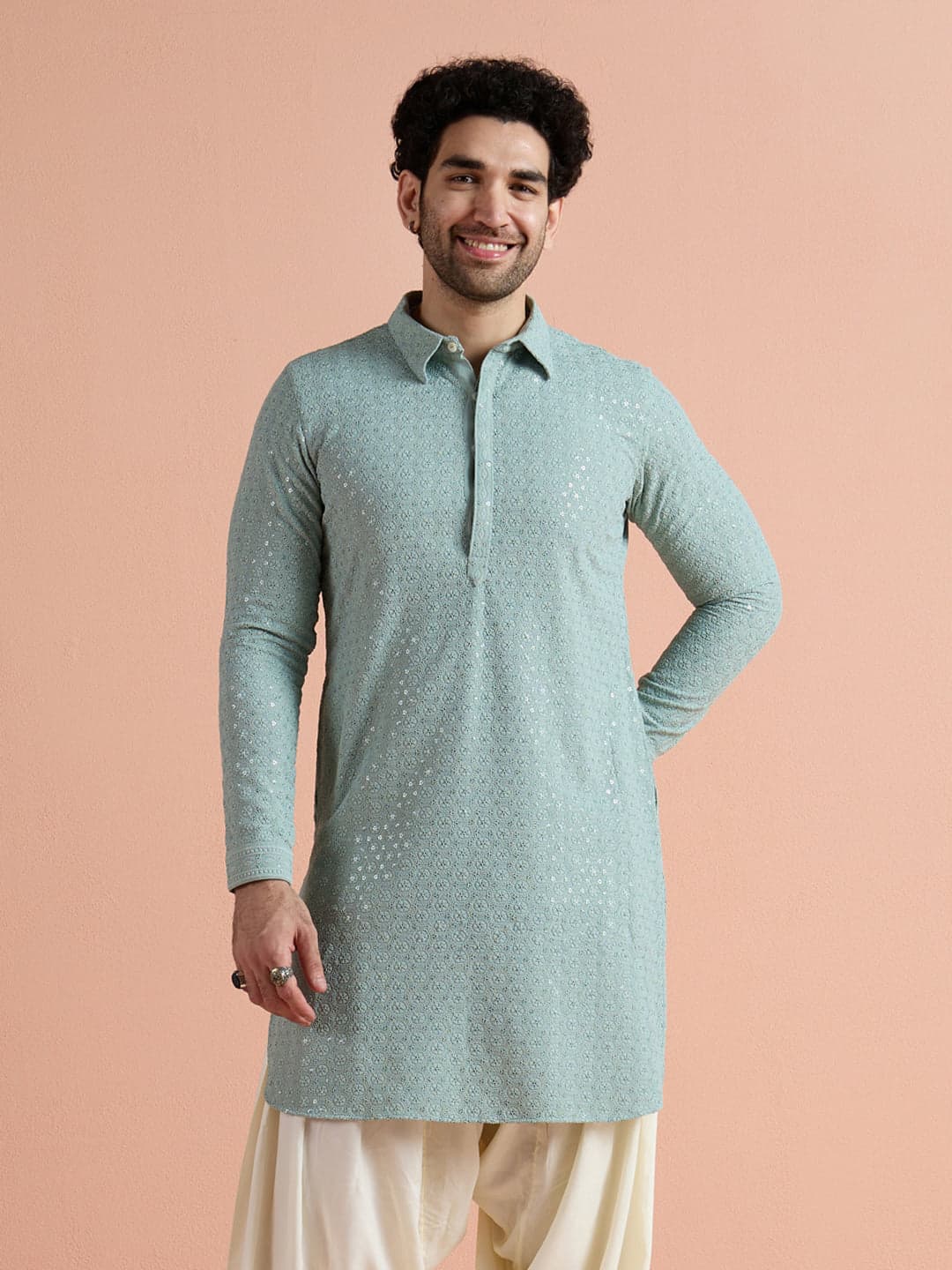 Men's Green Festive Full Sleeves Viscose Pathani Kurta