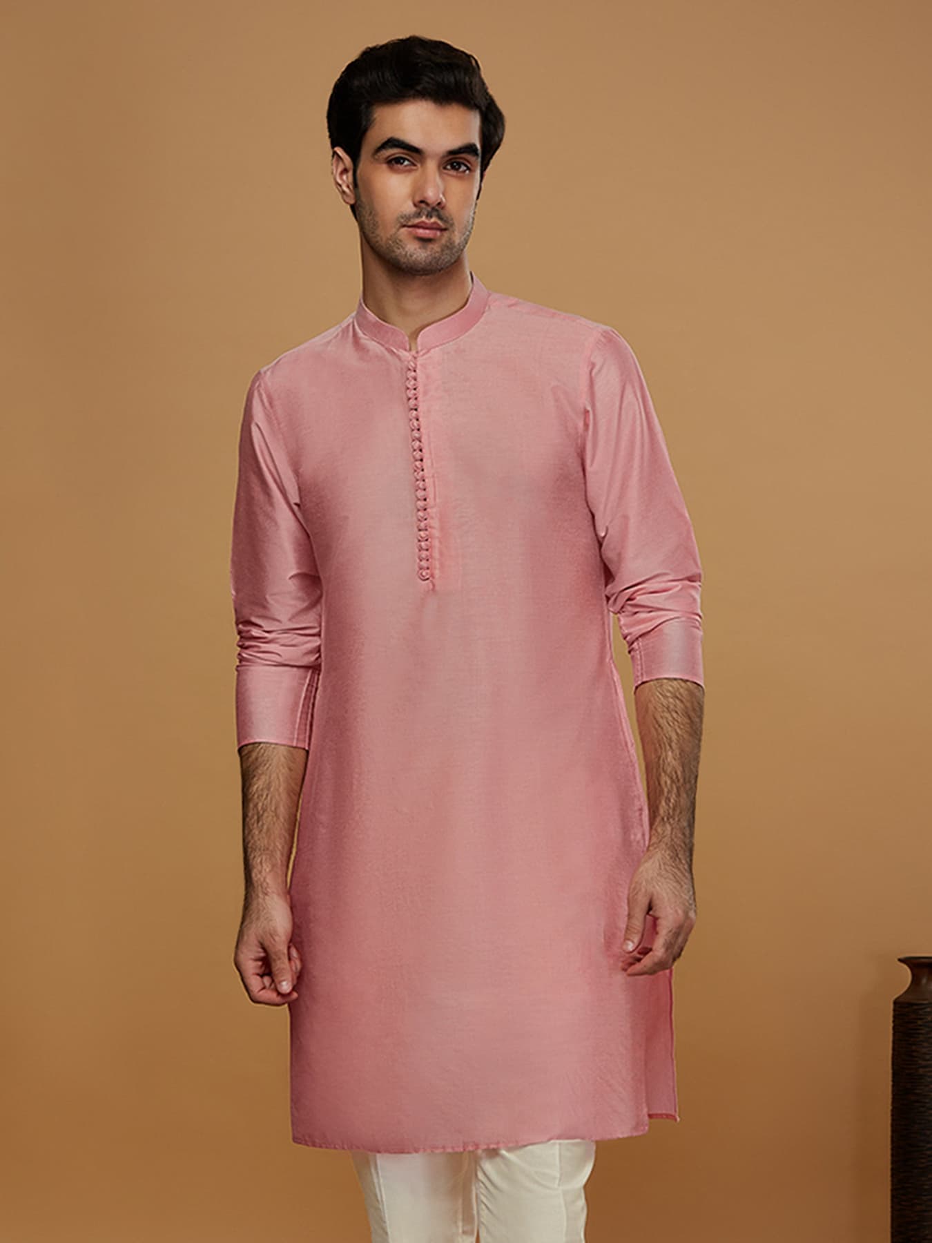 Men's Pink Festive Full Sleeves Cotton Blend Mid Kurta
