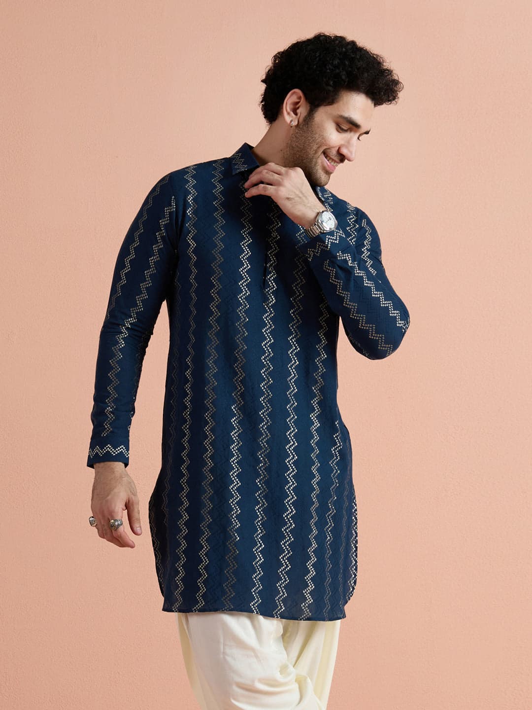 Men's Blue Festive Full Sleeves Cotton Pathani Kurta