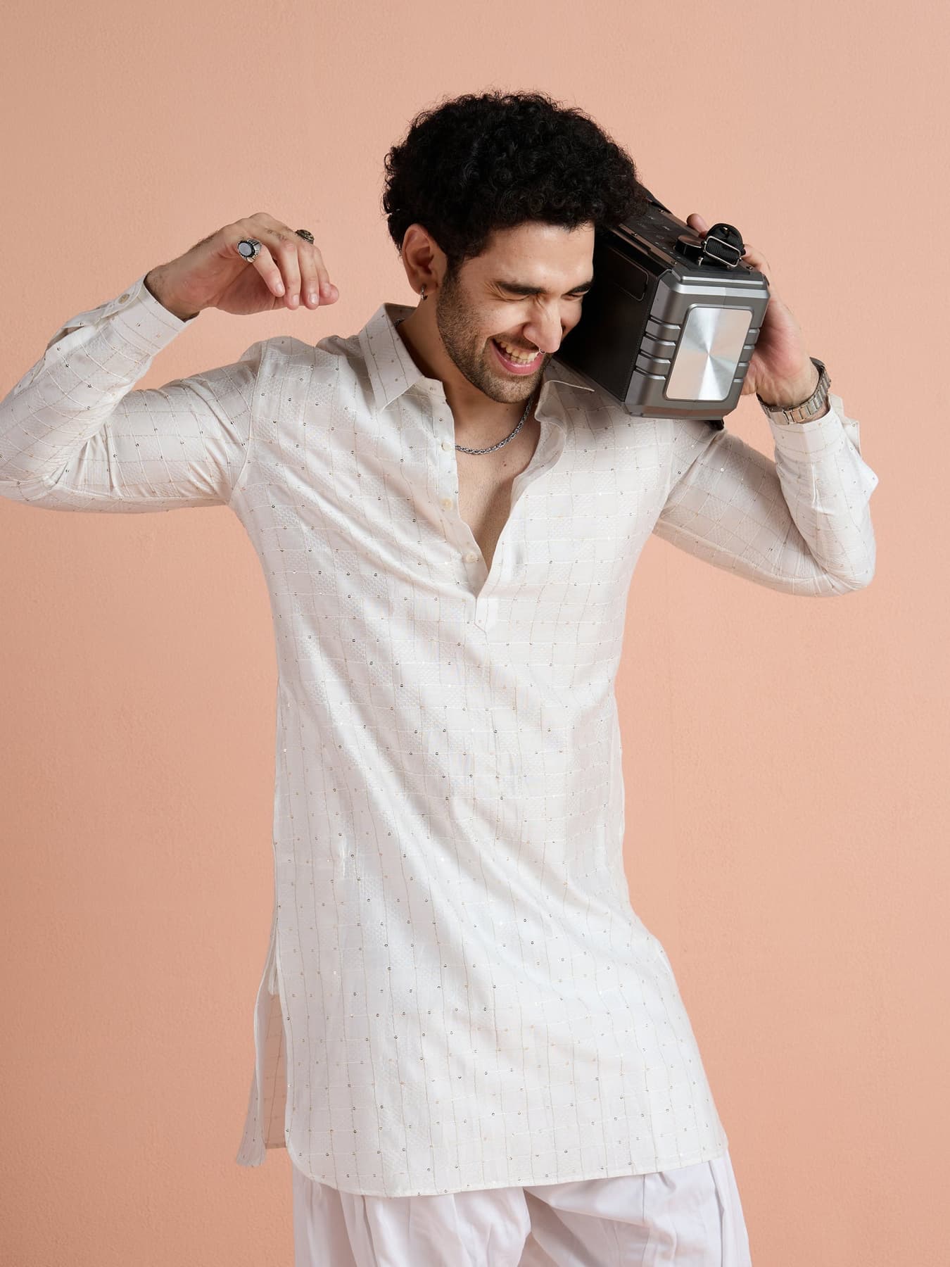 Men's White Festive Full Sleeves Viscose Pathani Kurta