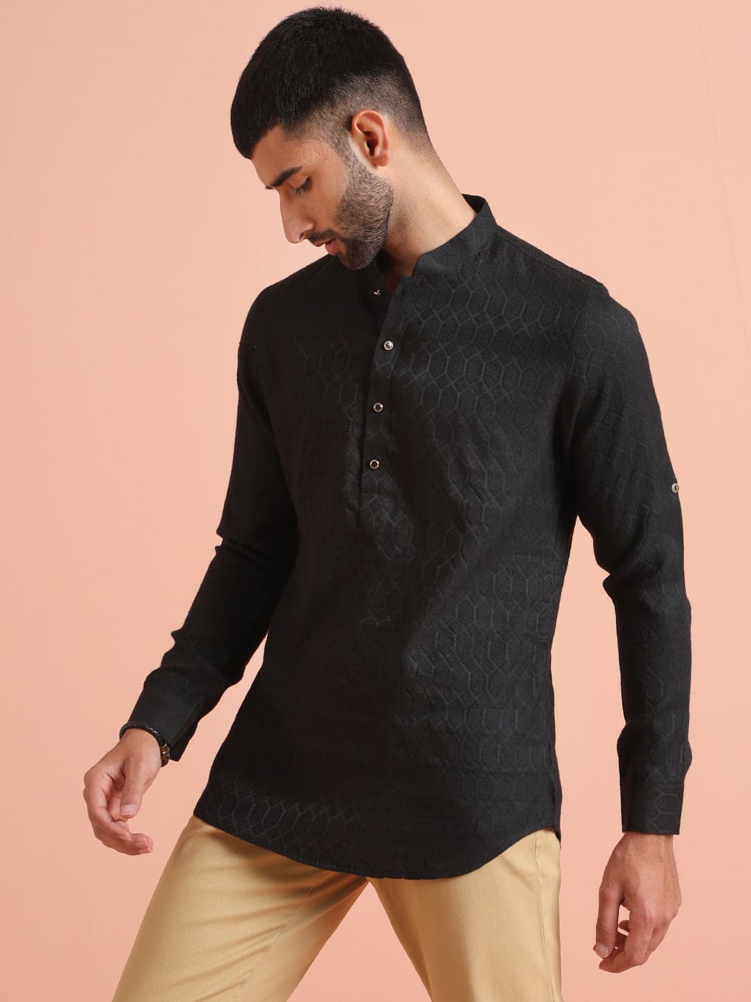 Men's Black Festive Full Sleeves Silk Short Kurta