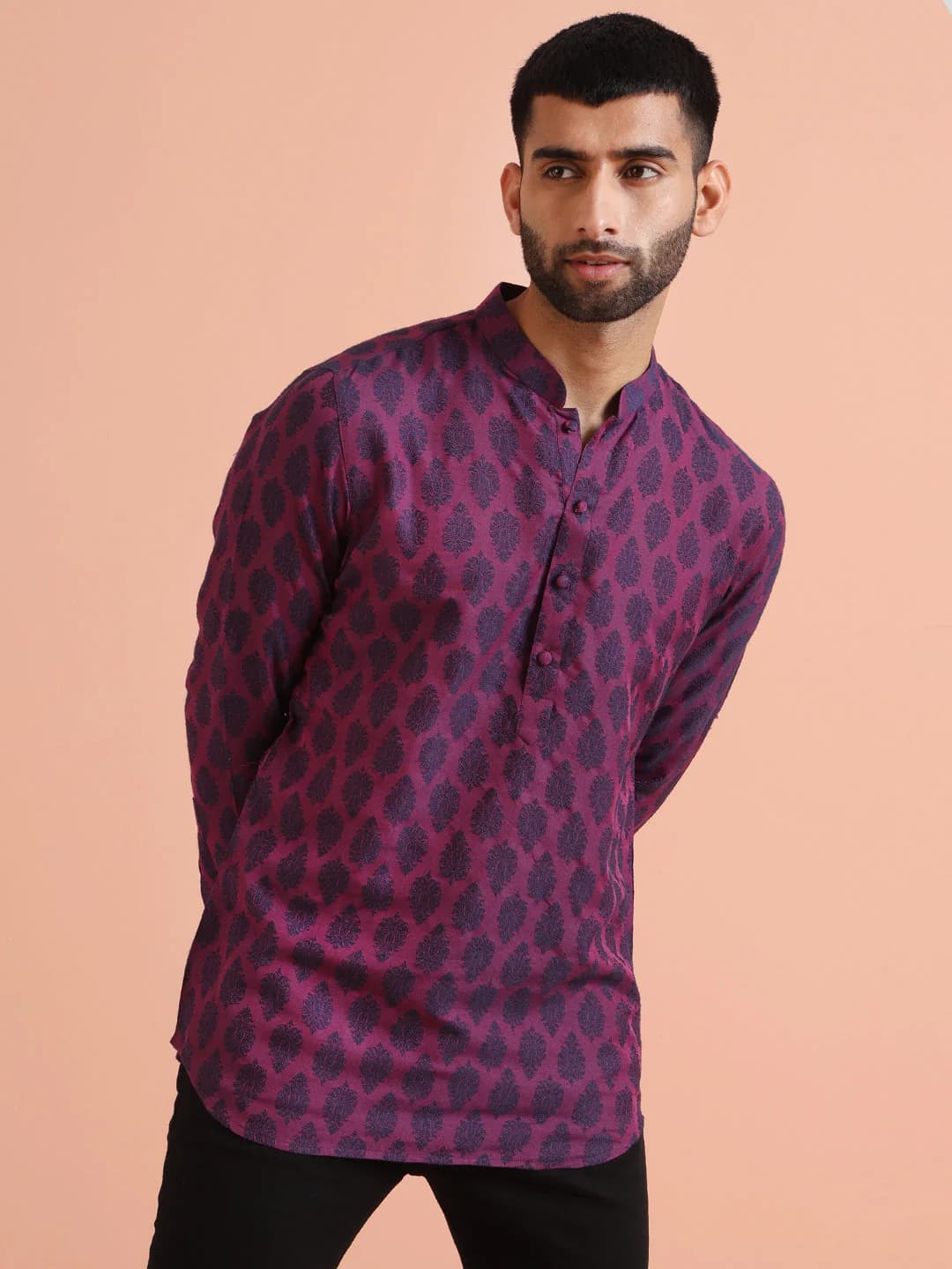 Men's Pink Festive Full Sleeves Silk Short Silk Kurta