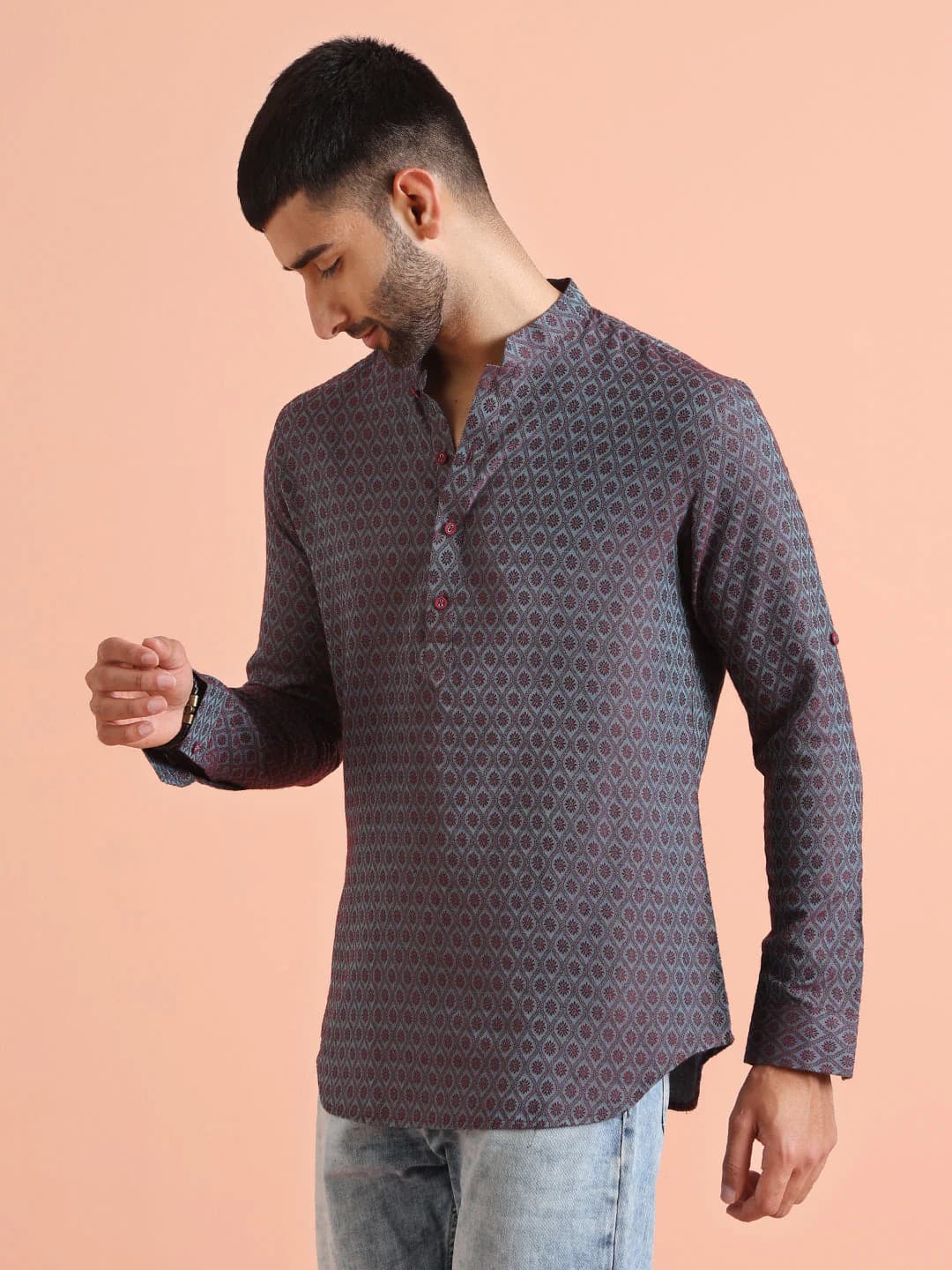 Men's Red Festive Full Sleeves Silk Short Silk Kurta