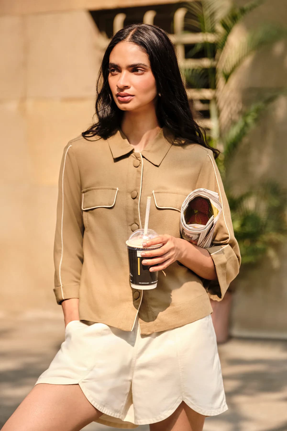 Women's Beige Casual Solid Full Sleeves Jacket