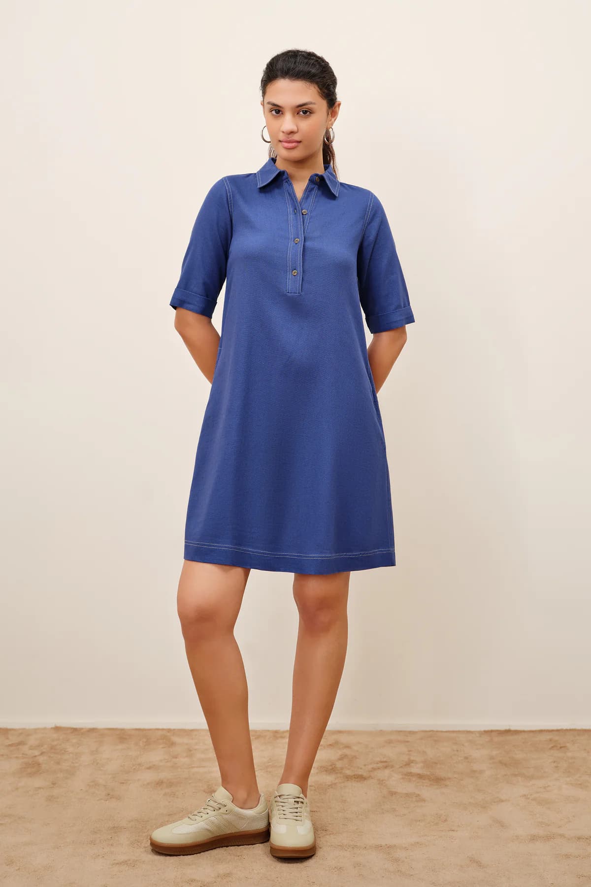 Women's Blue Casual Solid Half Sleeves Dress