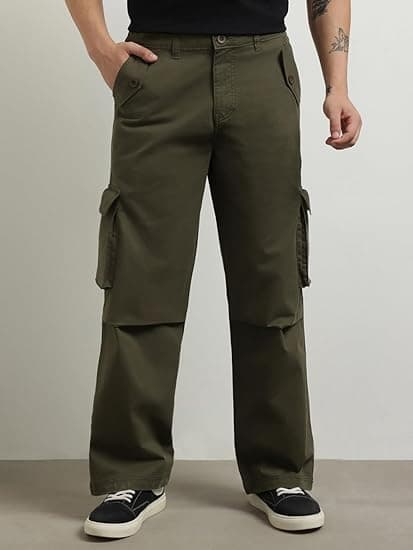 Men's Green Casual Baggy Fit Mid Rise Cargos