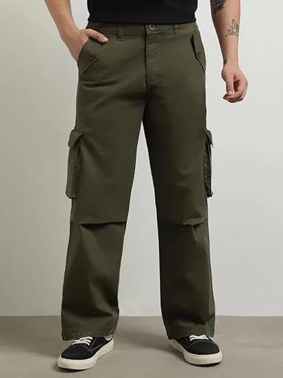Men's Green Casual Baggy Fit Mid Rise Cargos