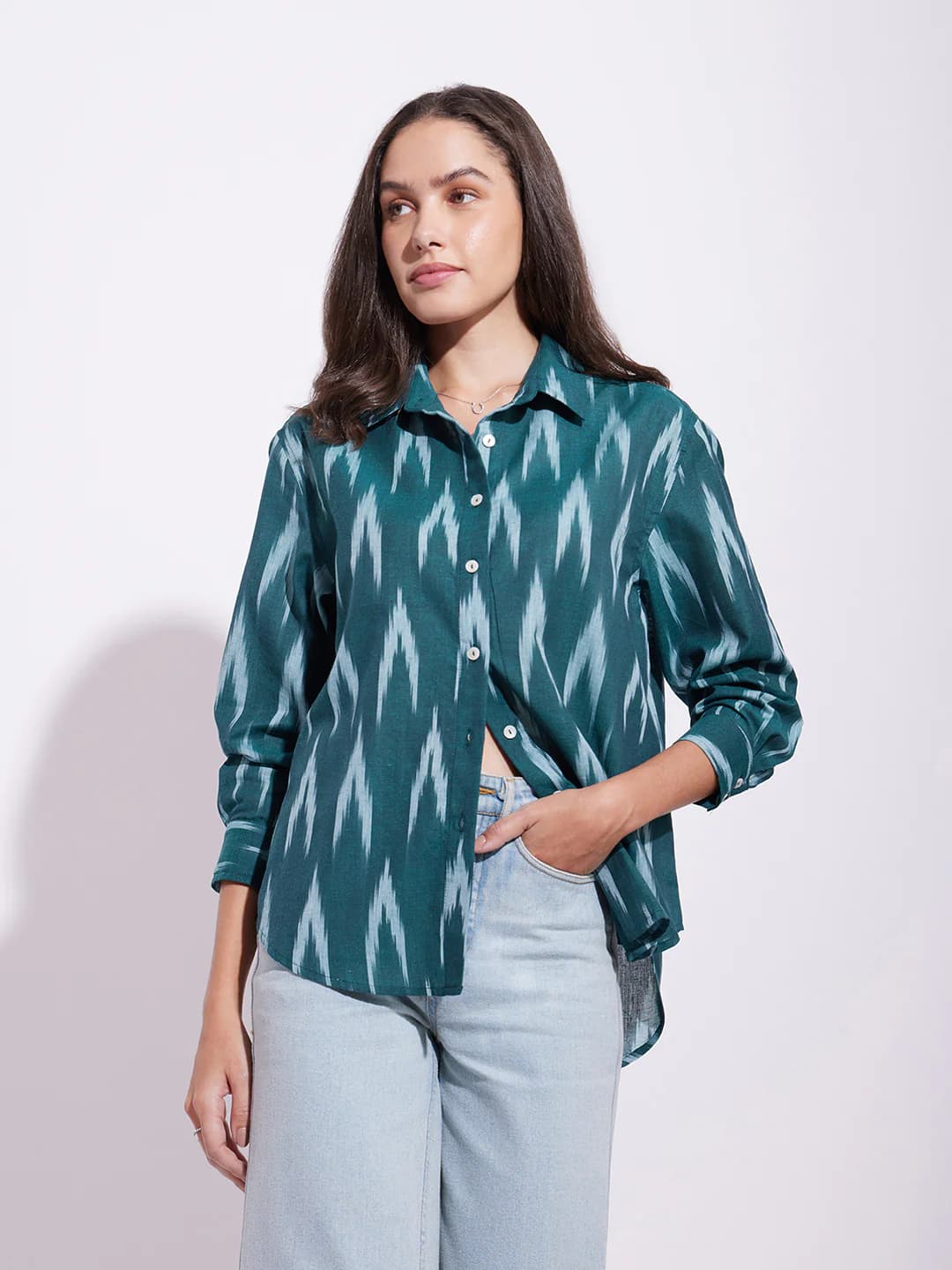 Women's Green Casual Printed Spread Collar Top