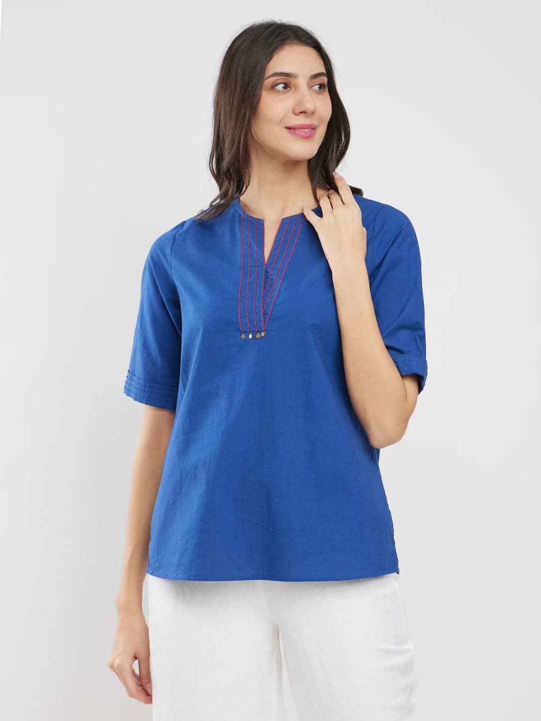 Women's Blue Casual Solid Top