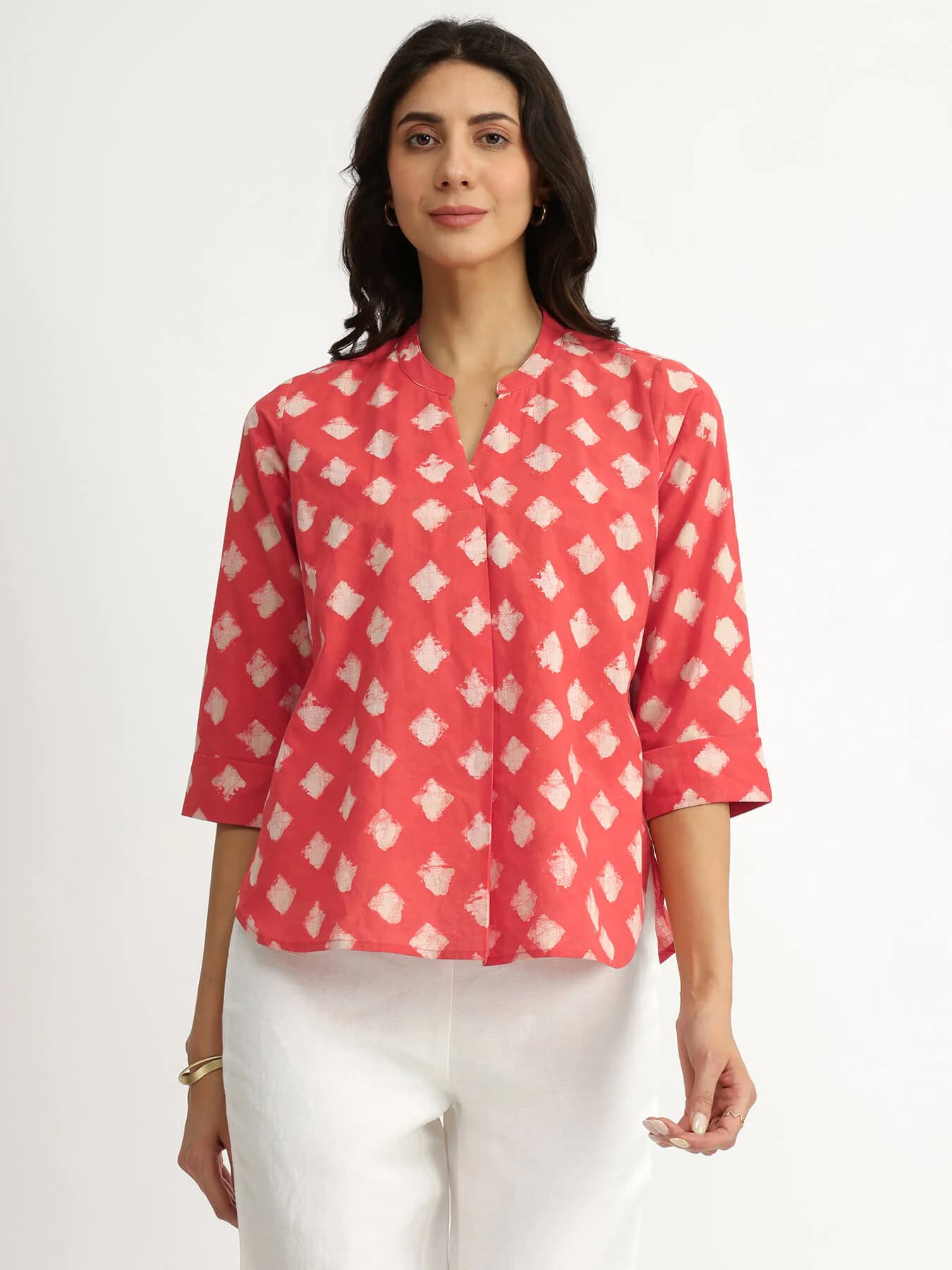 Women's Pink Casual Geometric Mandarin Collar Top