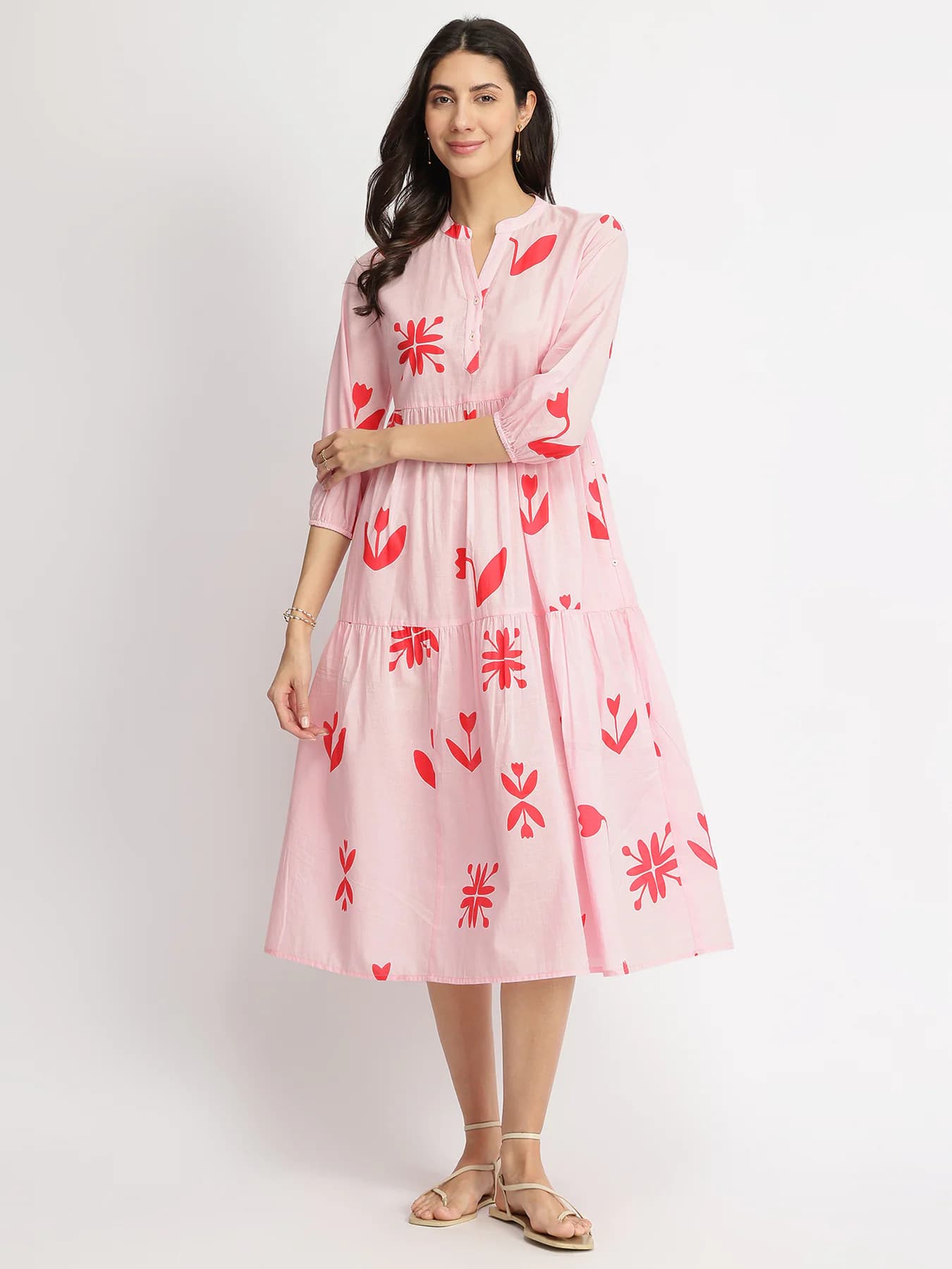 Women's Pink Casual Floral Mandarin Collar Dress