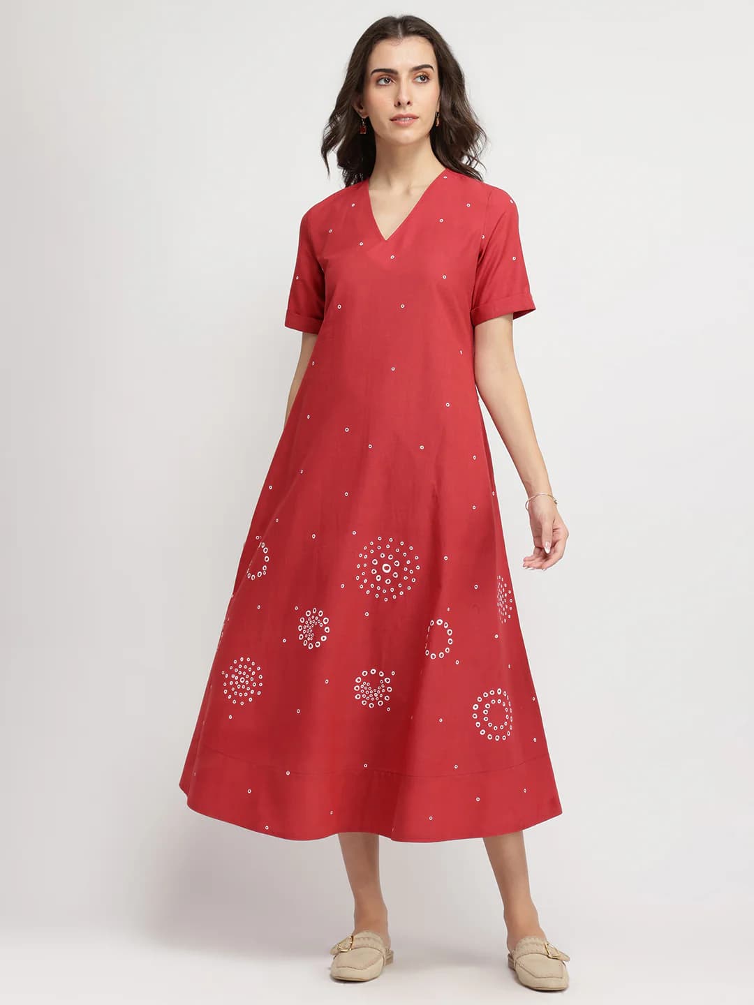 Women's Red Casual Paisley V-Neck Dress