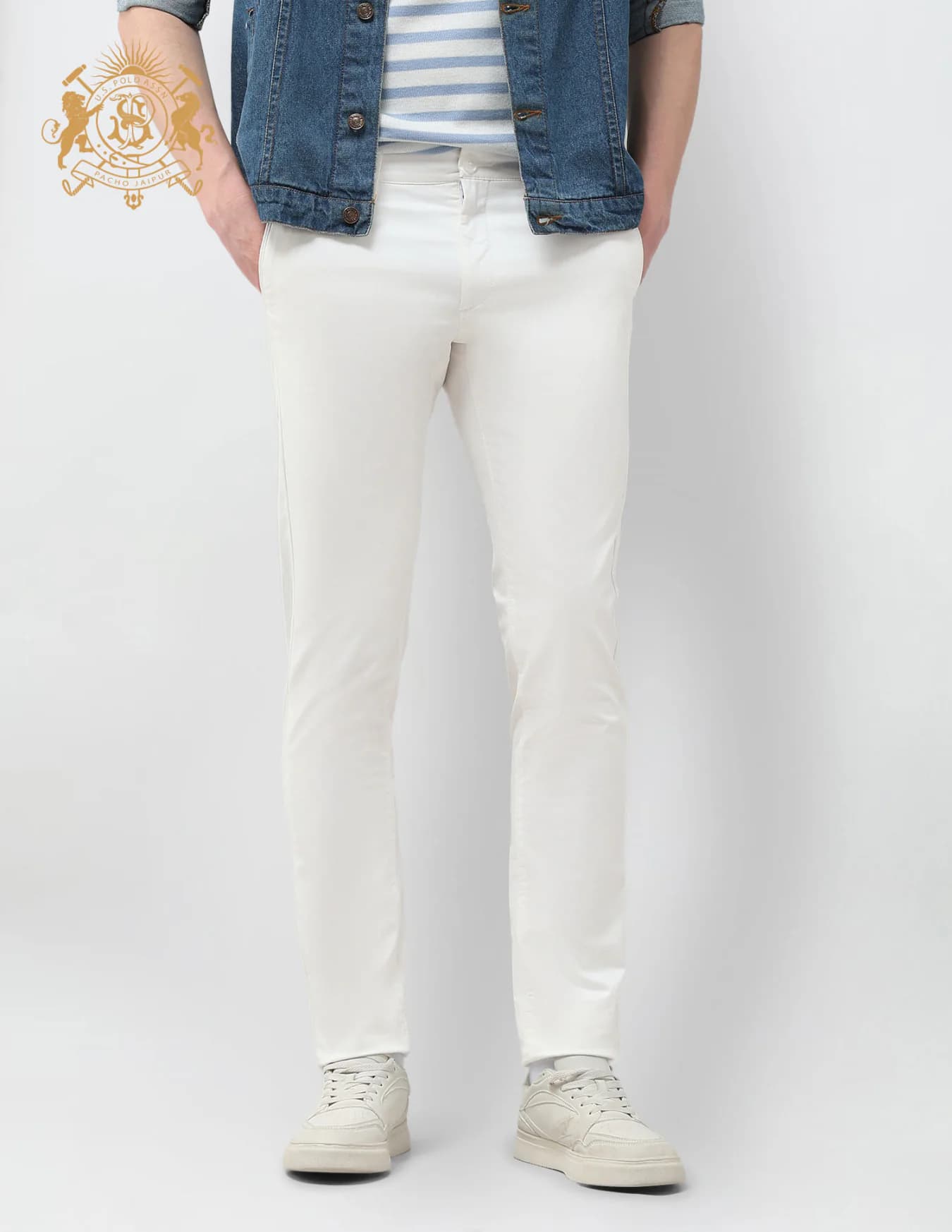 Men's White Casual Slim Fit Mid Rise Non-Faded Trouser