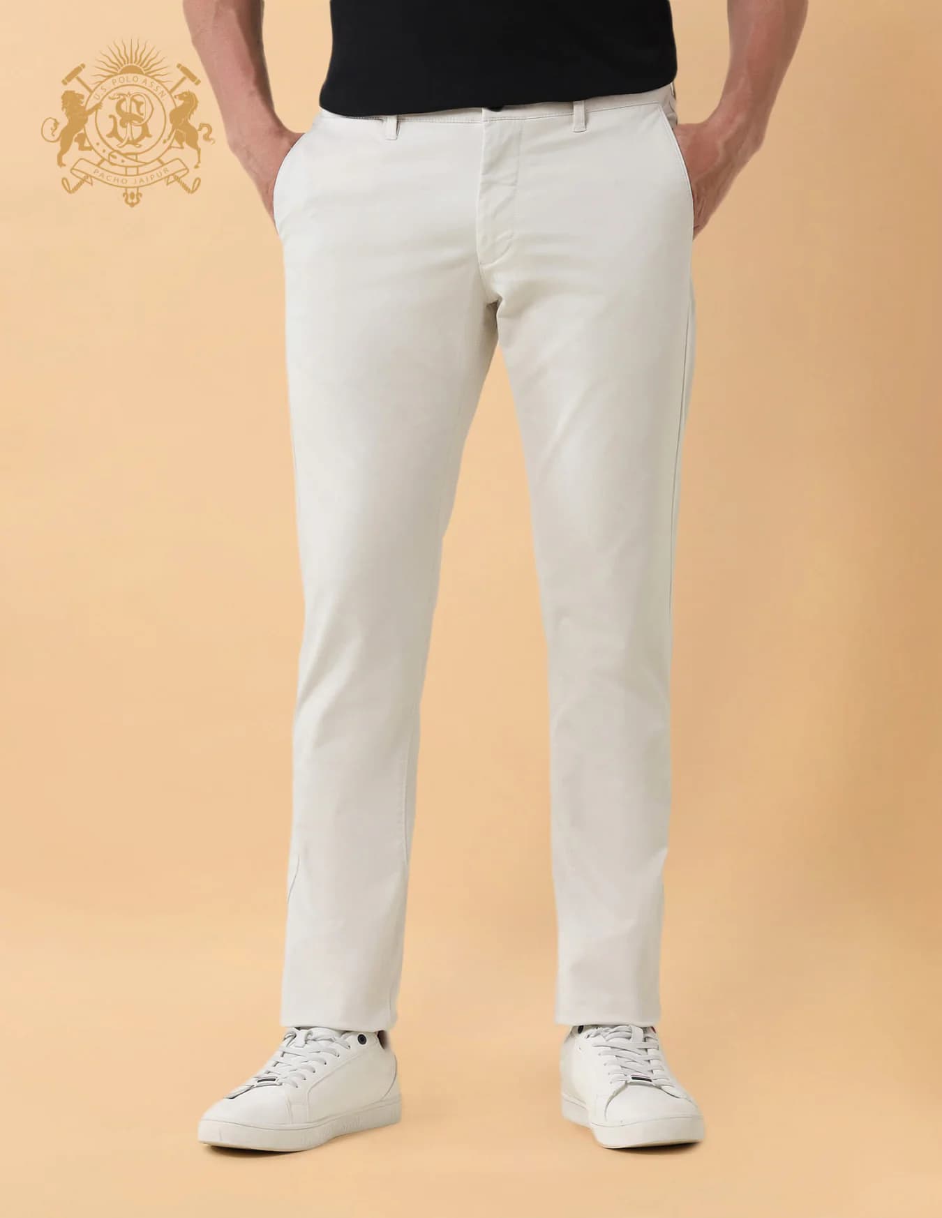 Men's Cream Casual Slim Fit Mid Rise Non-Faded Trouser