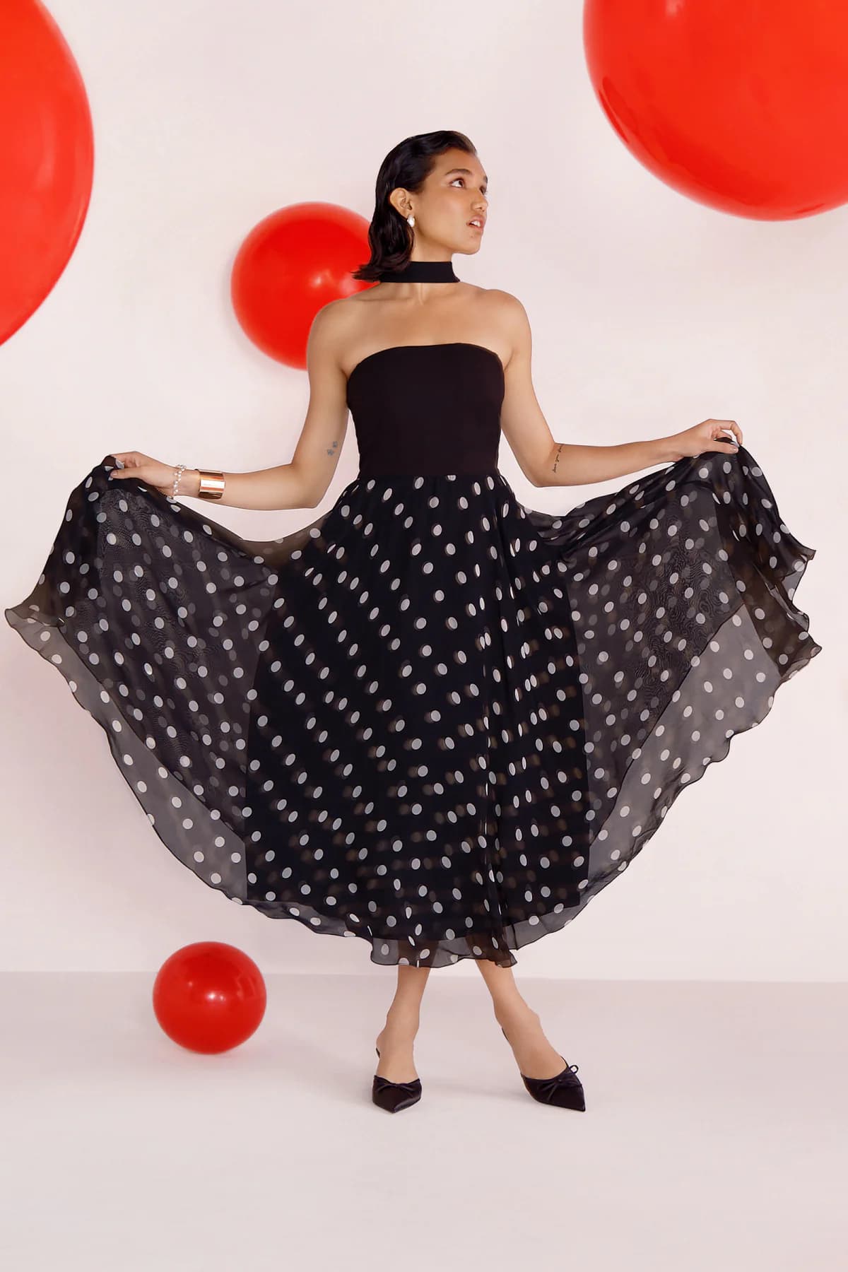 Women's Black Casual Polka Dot Off Shoulder Dress