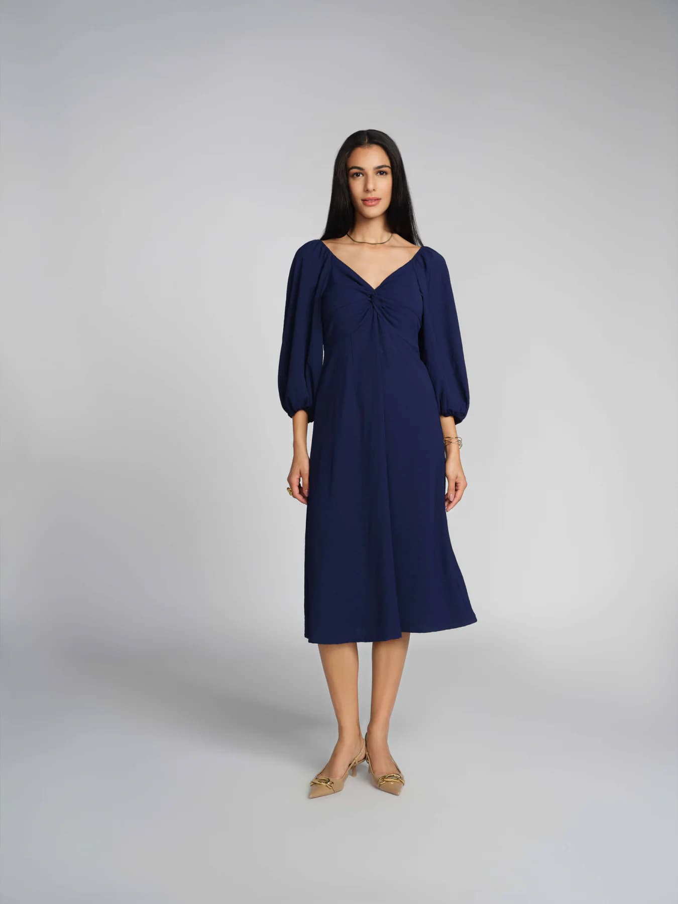 Women's Blue Casual Solid V-Neck Dress