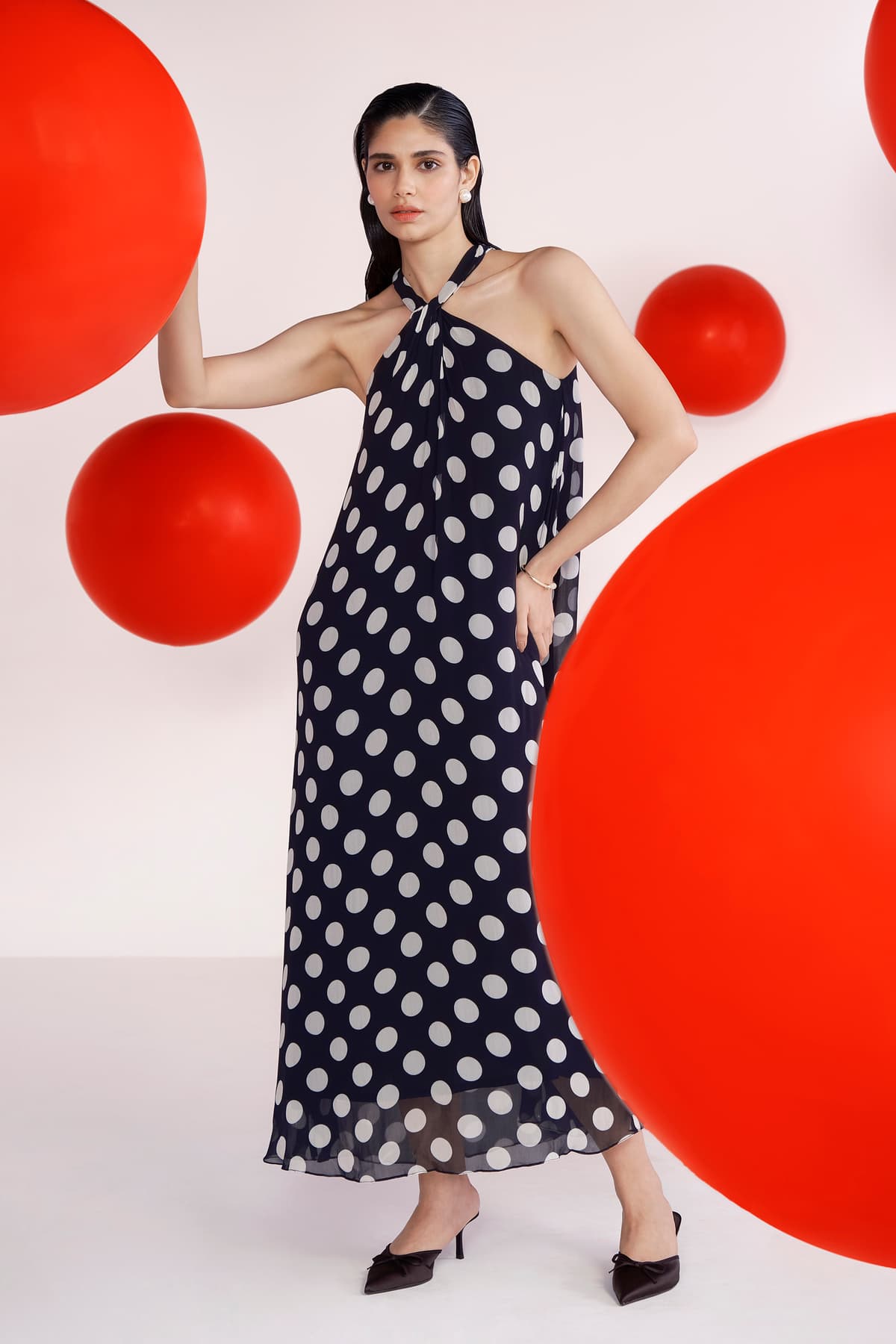 Women's Black Casual Polka Dot Halter Neck Dress