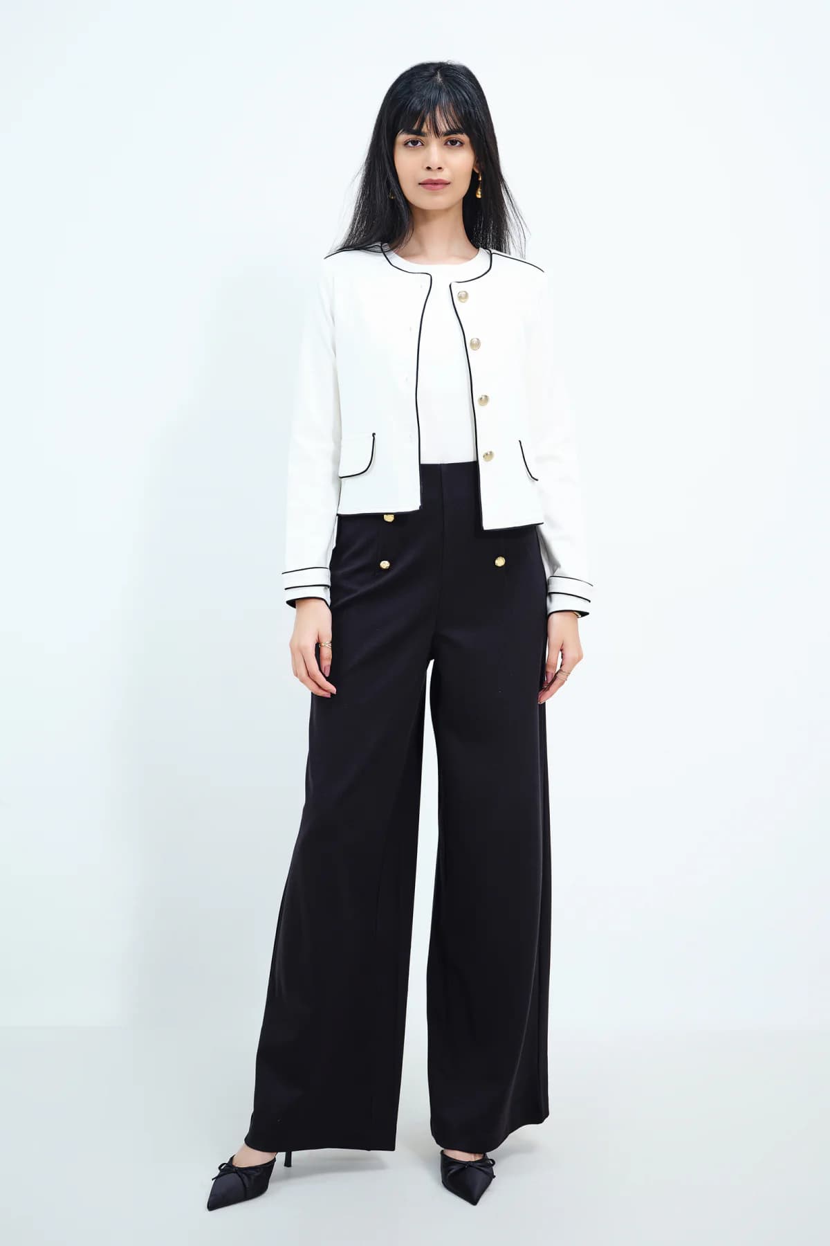 Women's White Party Solid Regular Length Full Sleeves Jacket