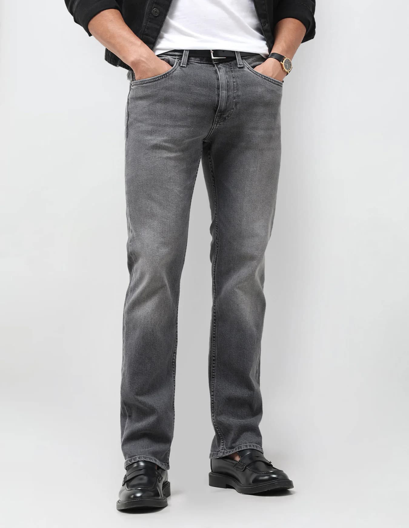 Men's Grey Casual Straight Fit Mid Rise Clean Look Jeans