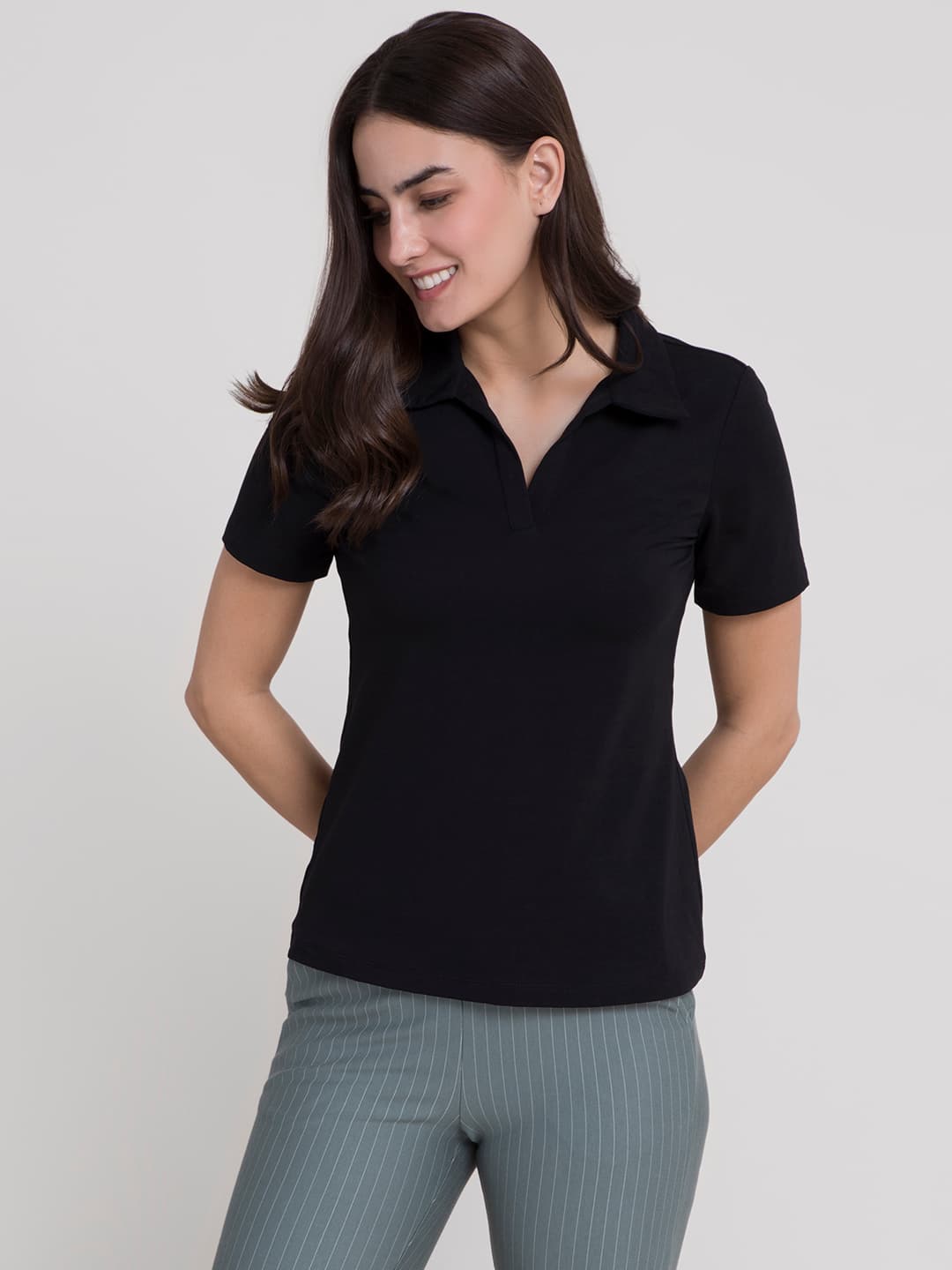 Women's Black 4 Way Stretch Collared LivIn Tshirt