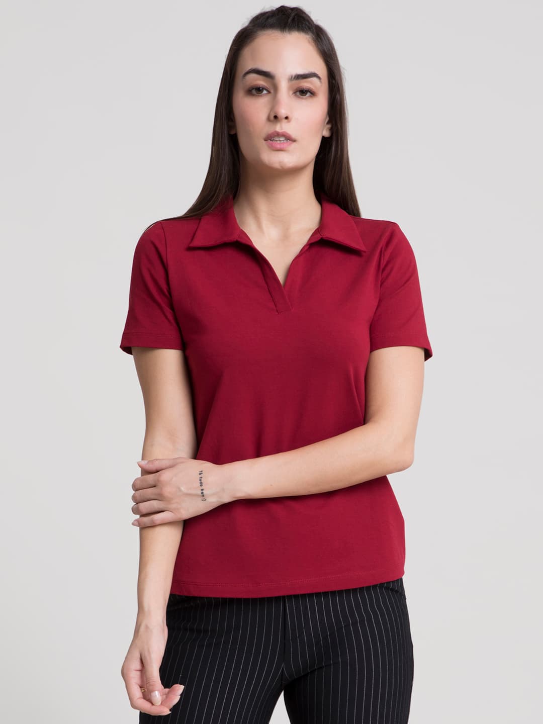 Women's Red 4 Way Stretch Collared LivIn Tshirt