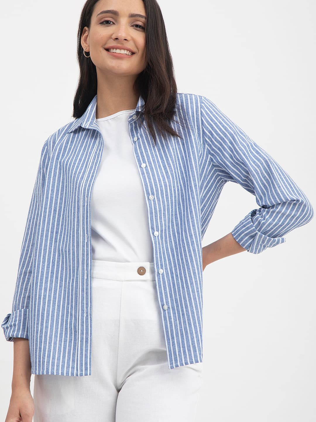 Women's Blue Casual Cotton Striped Shirt