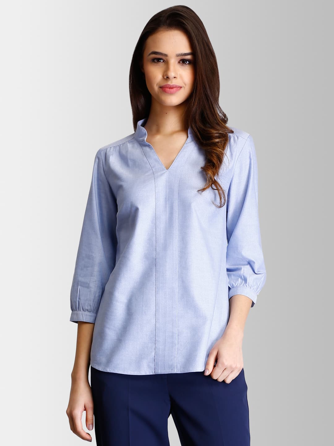 Women's Blue Casual Solid Pure Cotton Top