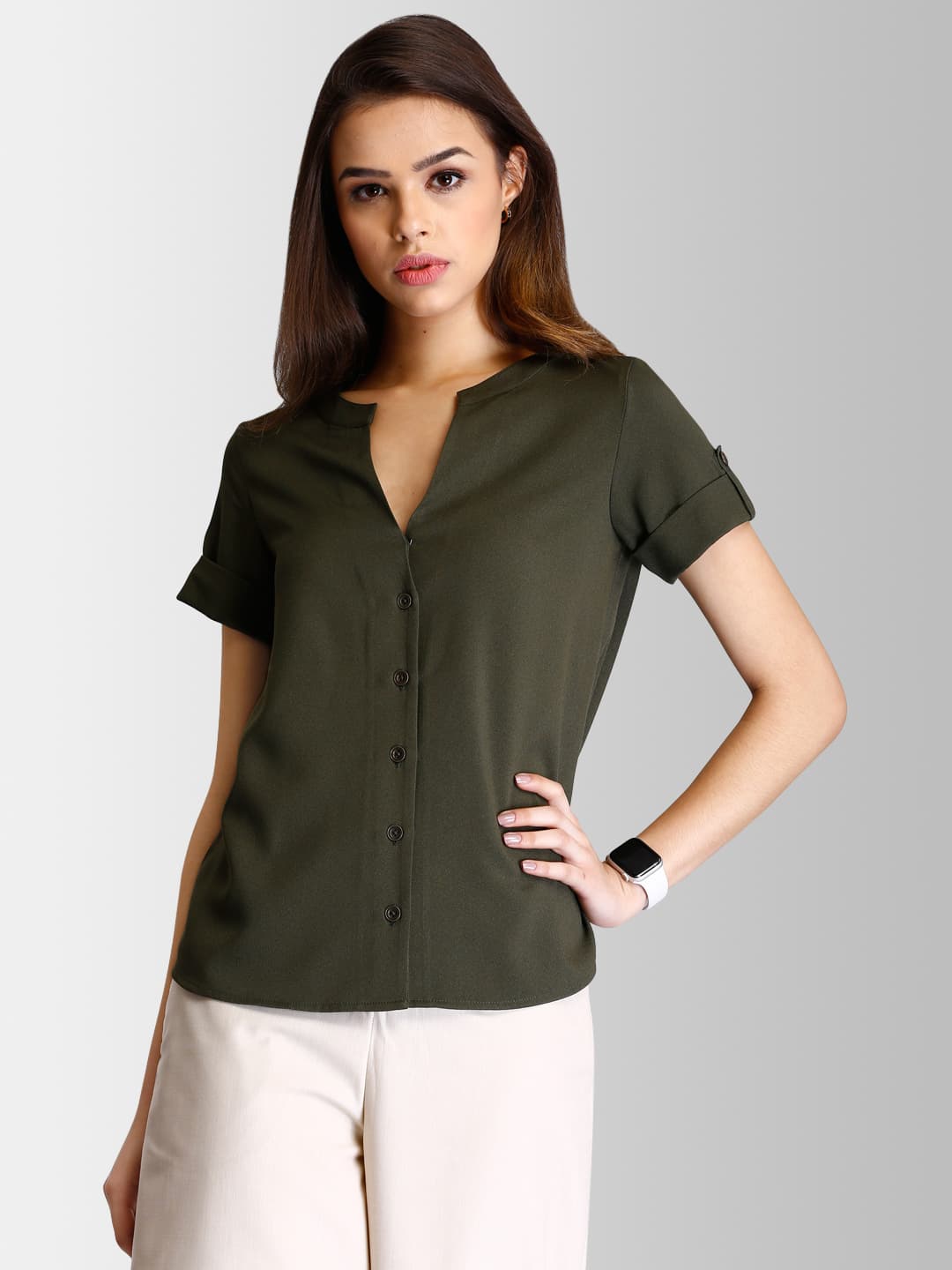 Women's Green Formal Shirt Style Top