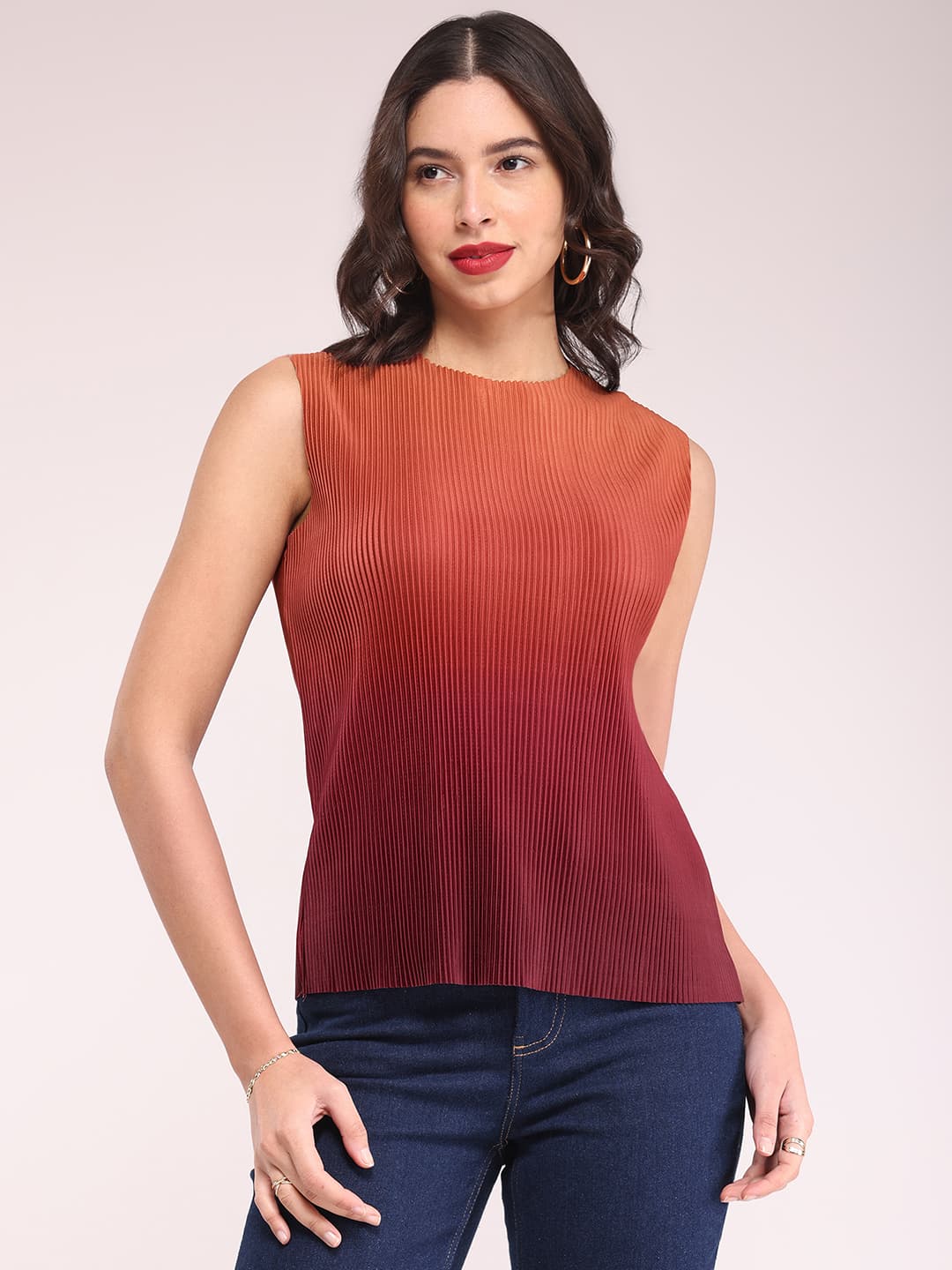 Women's Brown Casual Striped Pleated Sleeveless Top