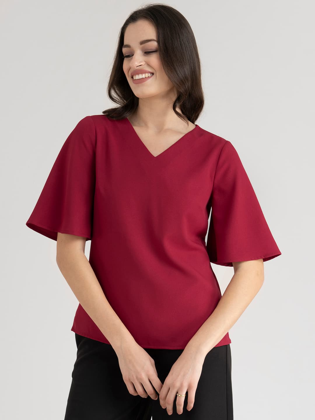 Women's Red Casual Solid Half Sleeves Top