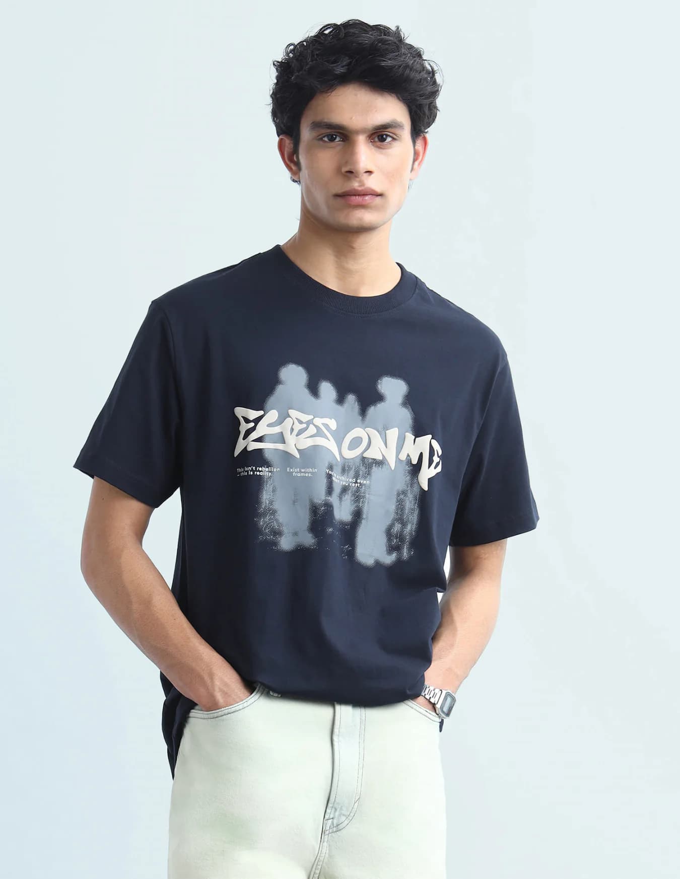 Men's Navy Casual Half Sleeves Oversized Fit Tshirt