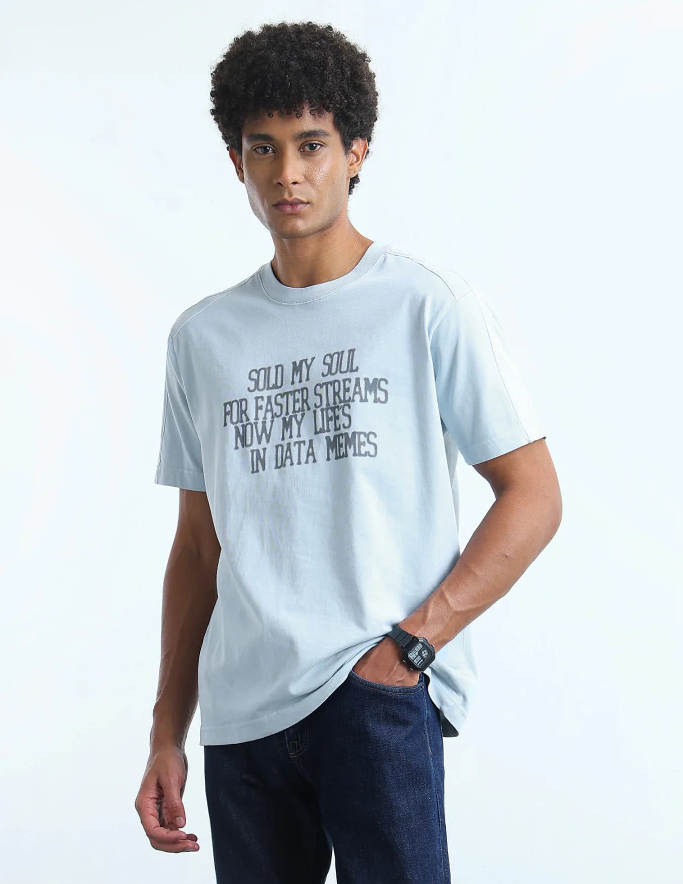 Men's Blue Casual Half Sleeves Oversized Fit Tshirt