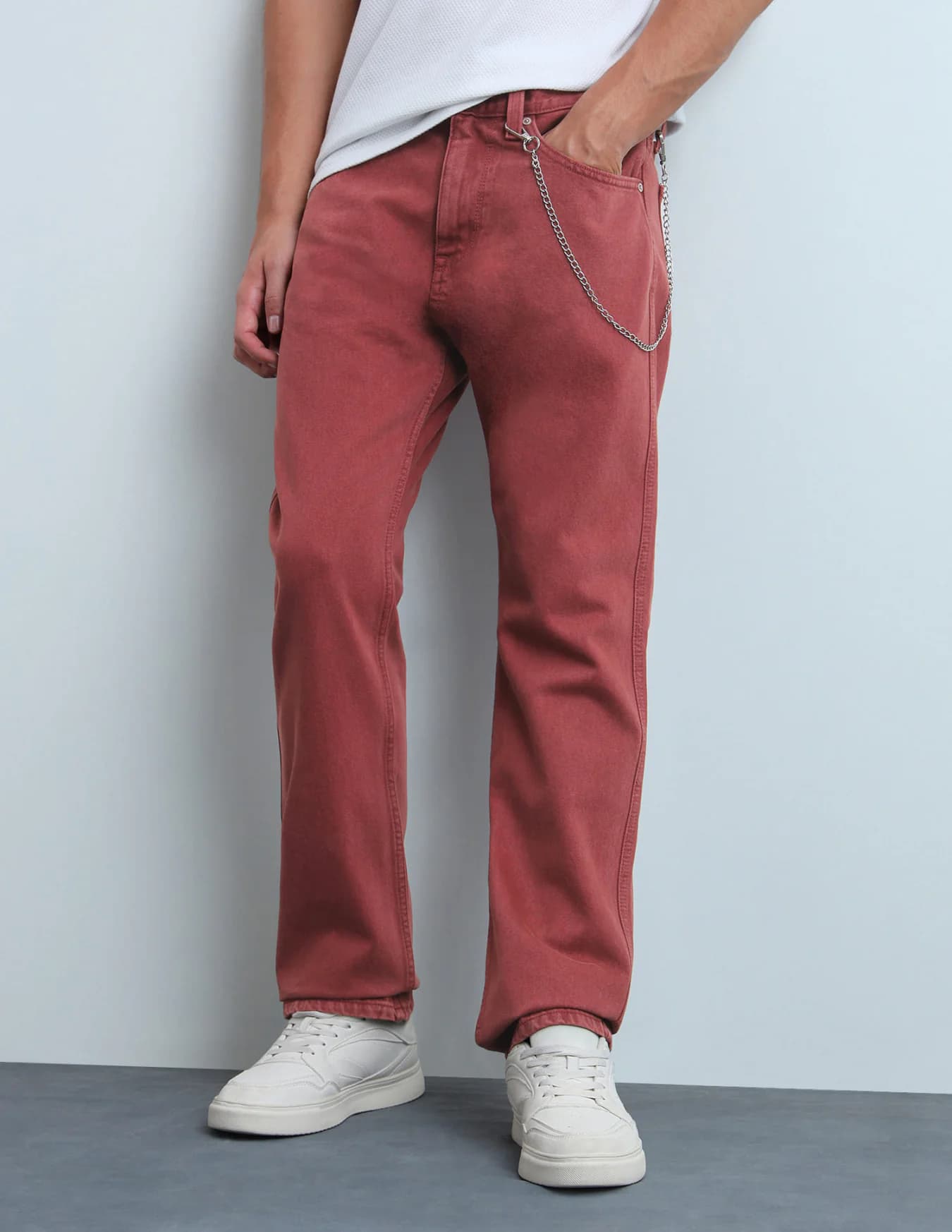 Men's Red Casual Straight Fit Mid Rise Jeans