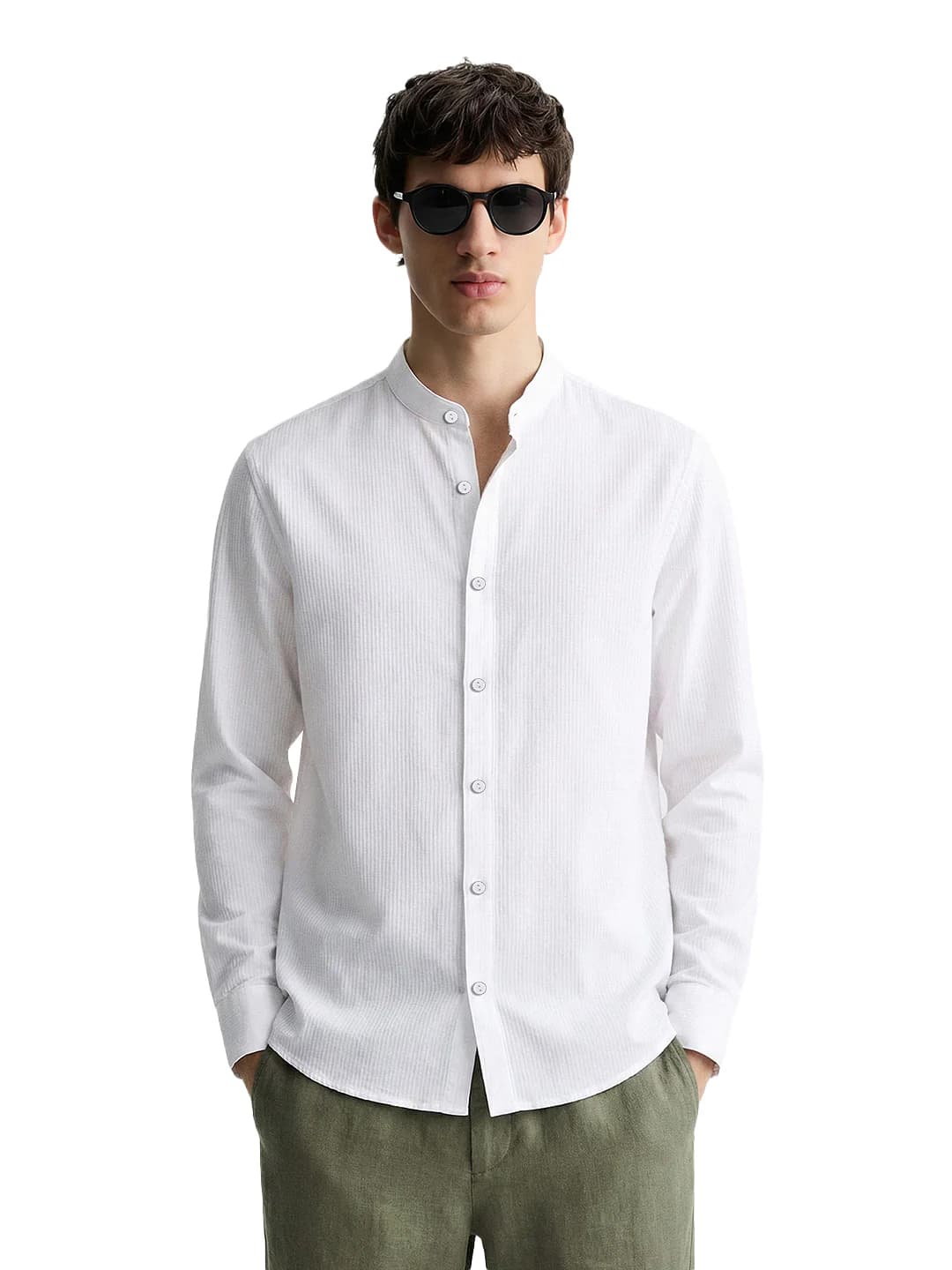 Men's White Casual Textured Mandarin Collar Full Sleeves Shirt