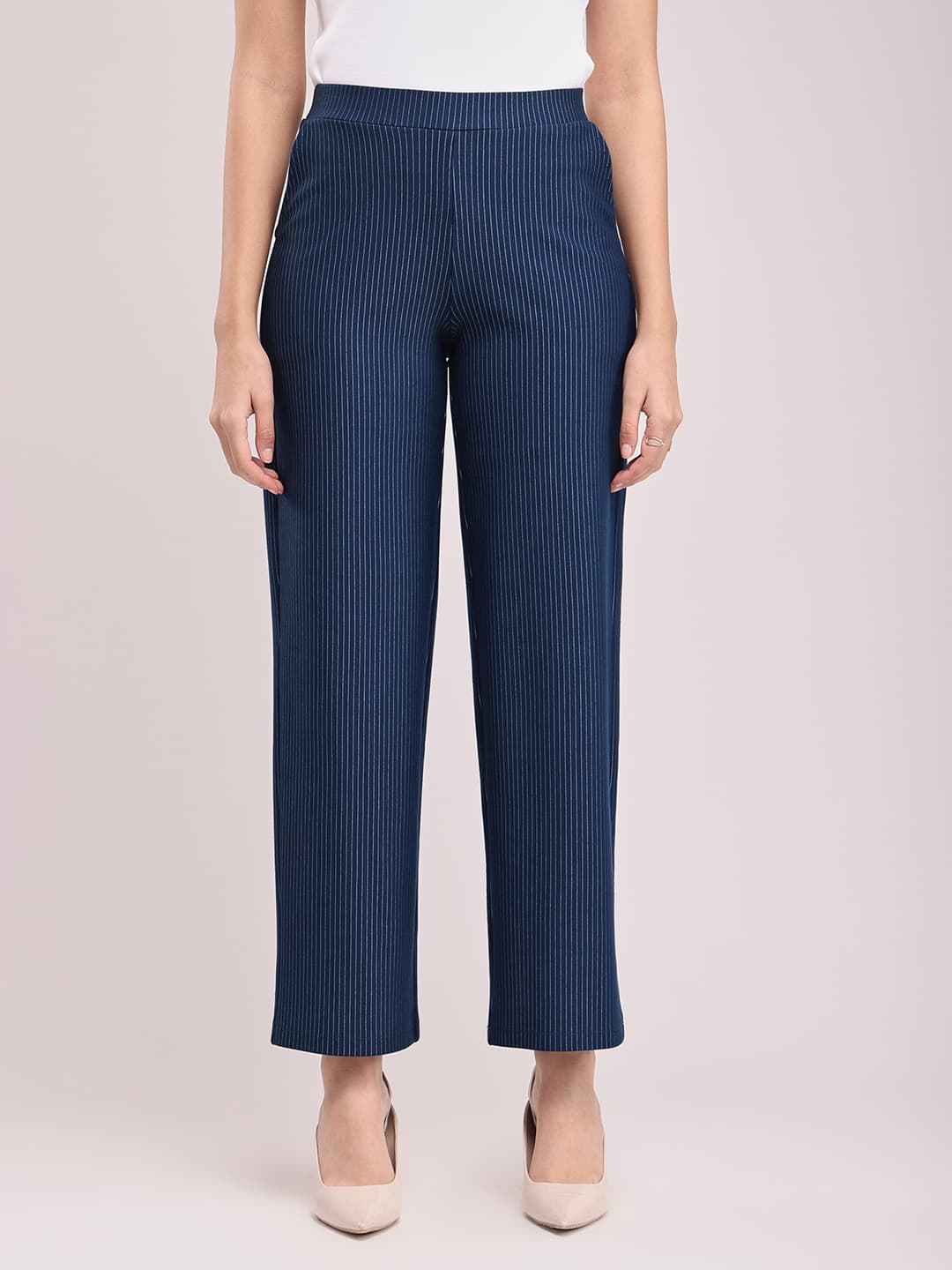 Women's Navy Livin Striped Wide Leg Trouser