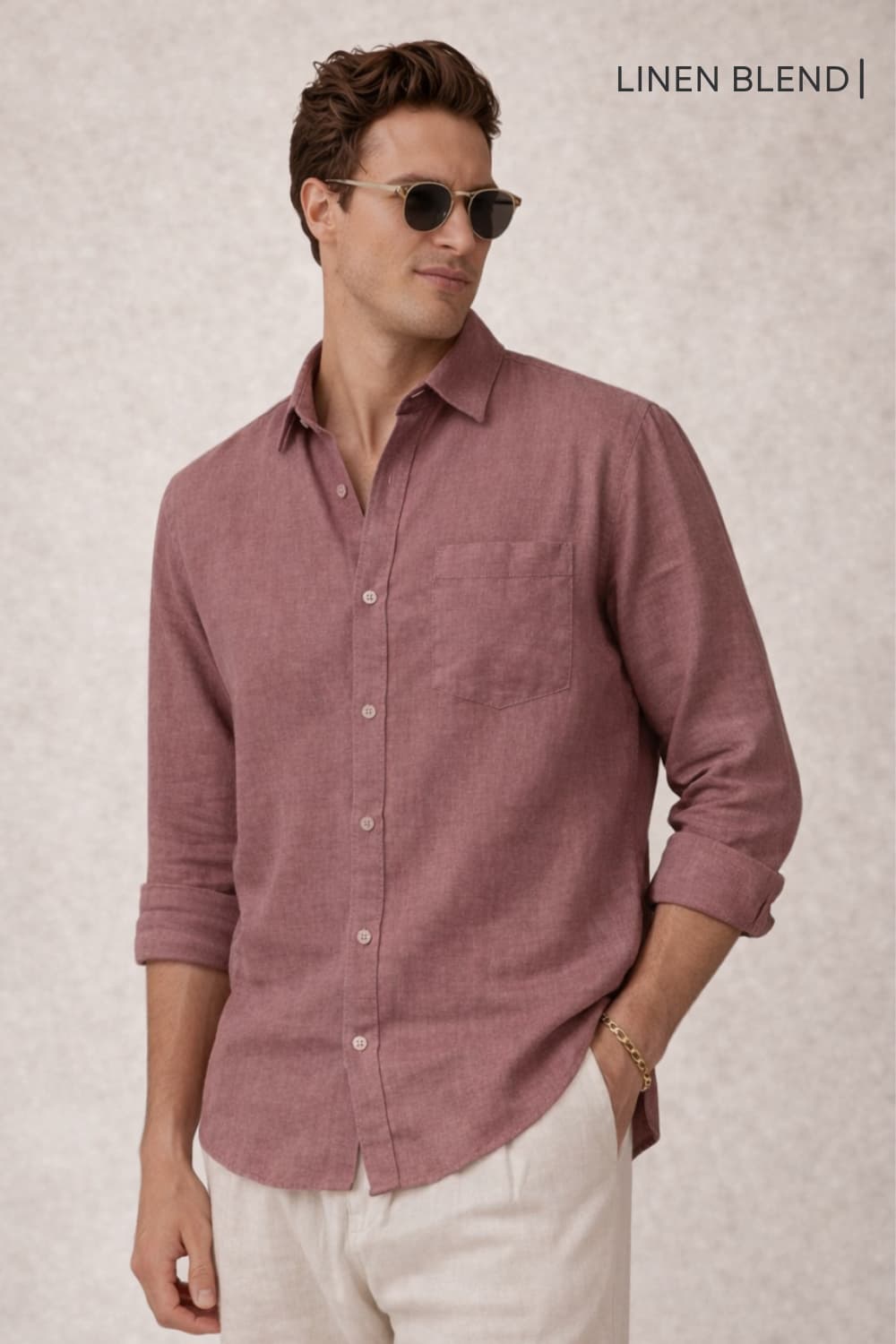 Men's Pink Casual Solid Regular Fit Full Sleeves Linen Shirt