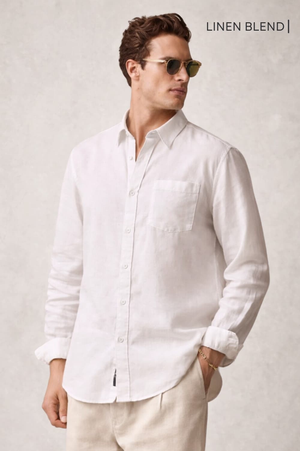Men's White Casual Solid Regular Fit Full Sleeves Linen Shirt