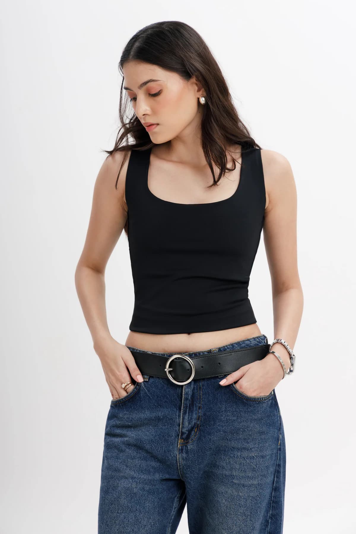 Women's Black Casual Solid Sleeveless Slim Fit Top