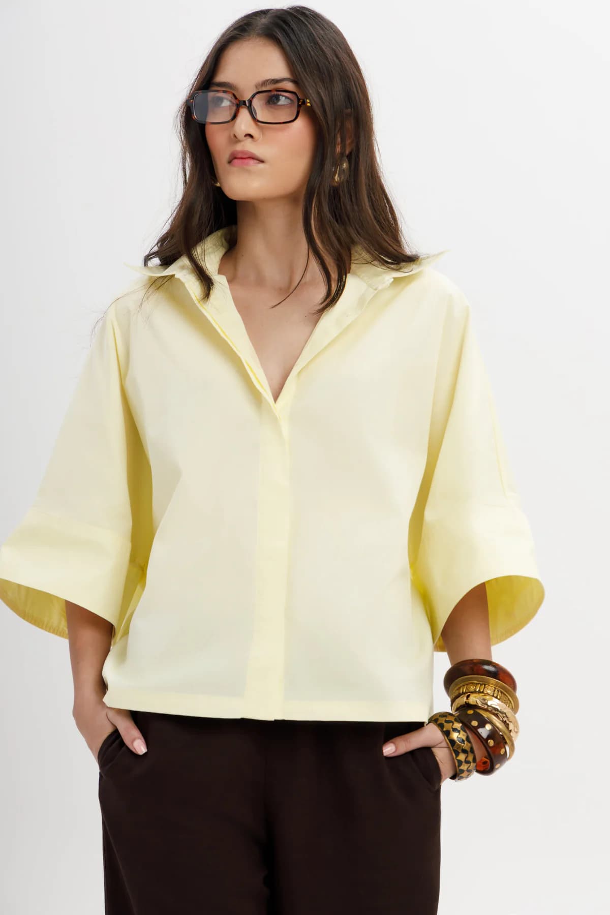 Women's Yellow Casual Solid Three Quarter Sleeves Regular Fit Shirt