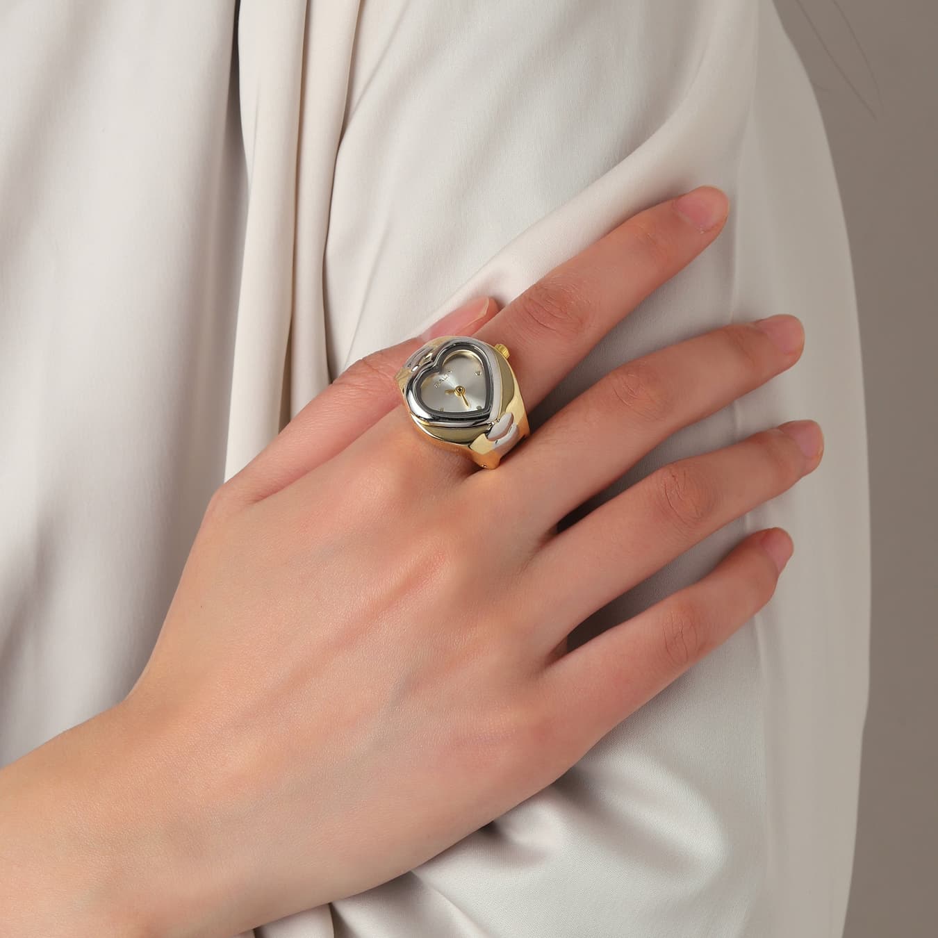 Women's White Asymmetrical Stainless Steel Quartz Watch Ring