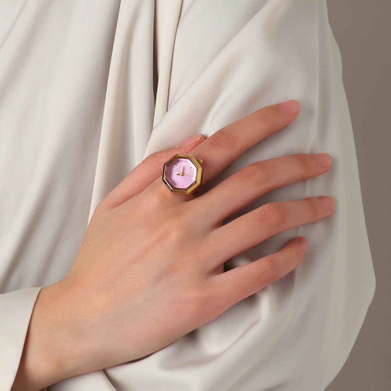 Women's Pink Octagonal Stainless Steel Quartz Watch Ring