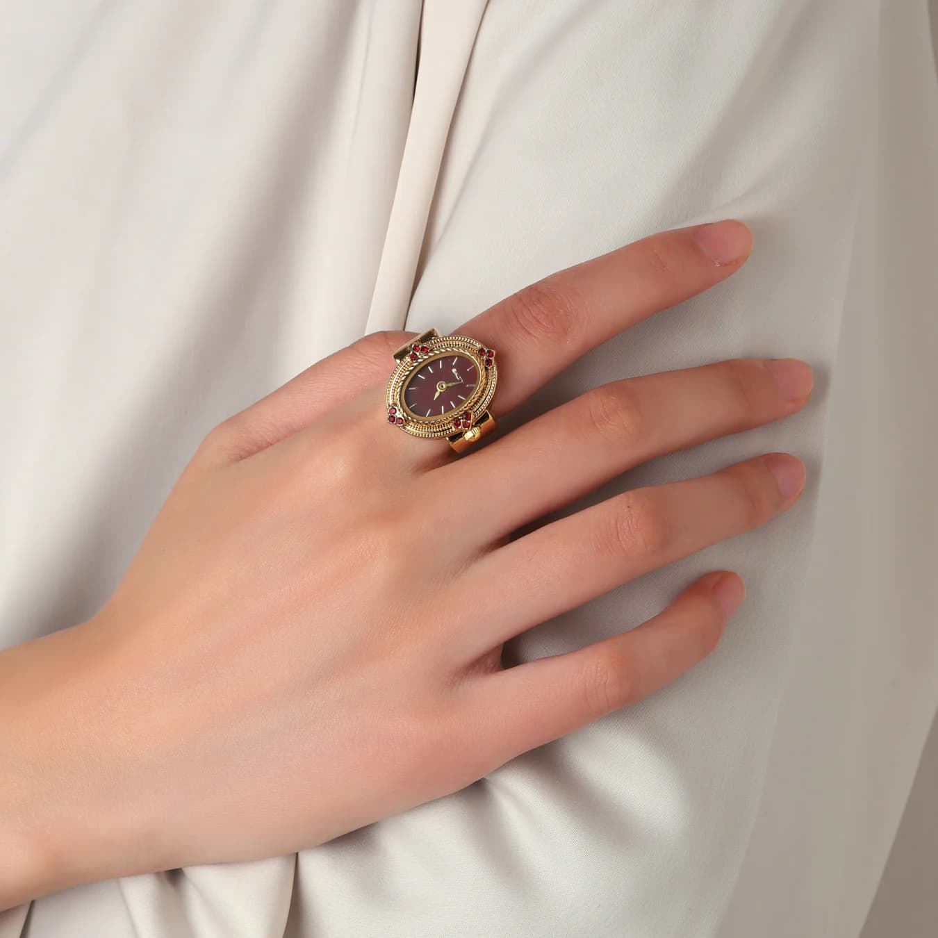 Women's Red Oval Stainless Steel Quartz Watch Ring
