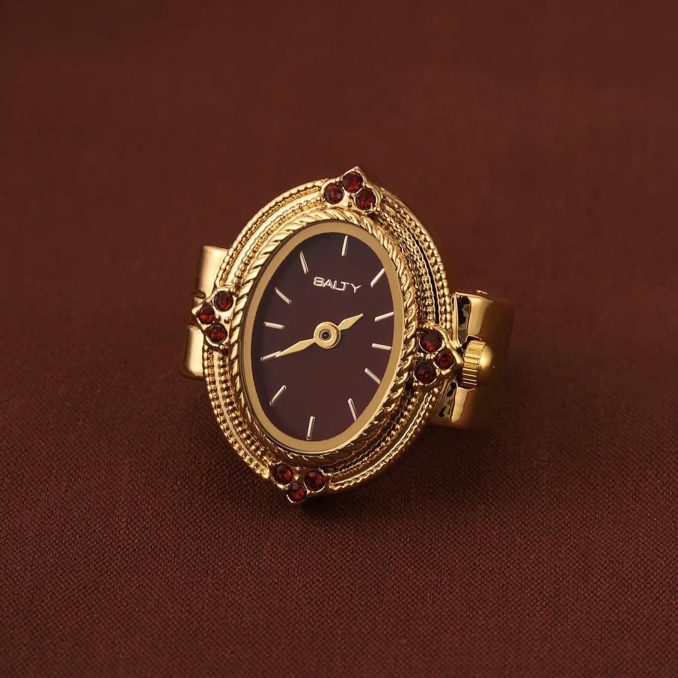 Women's Red Oval Stainless Steel Quartz Watch Ring