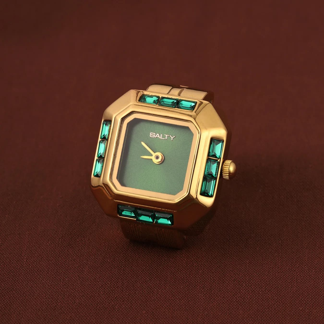 Women's Green Square Stainless Steel Quartz Watch Ring