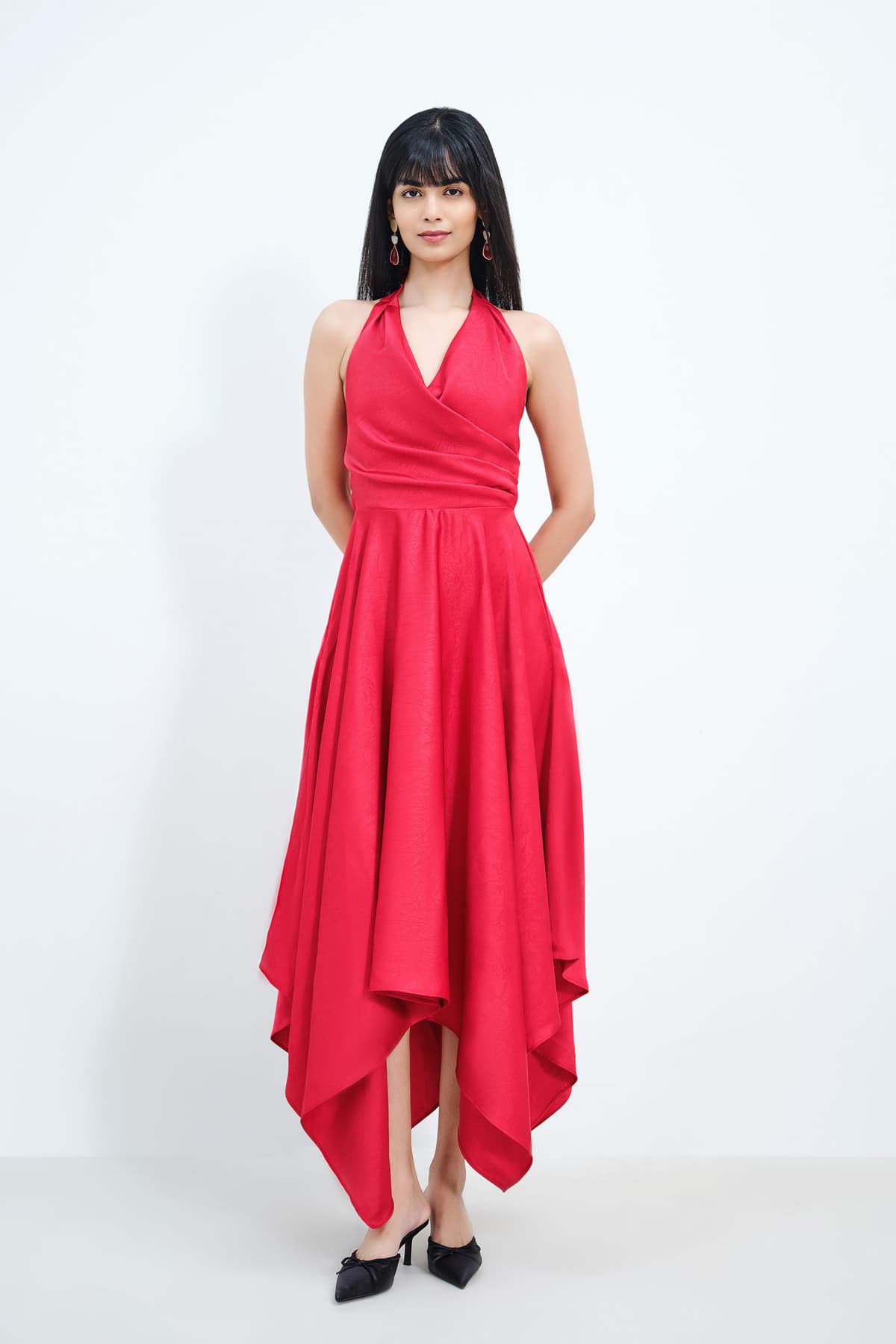 Women Red Party Solid Sleeveless Fit & Flared Dress